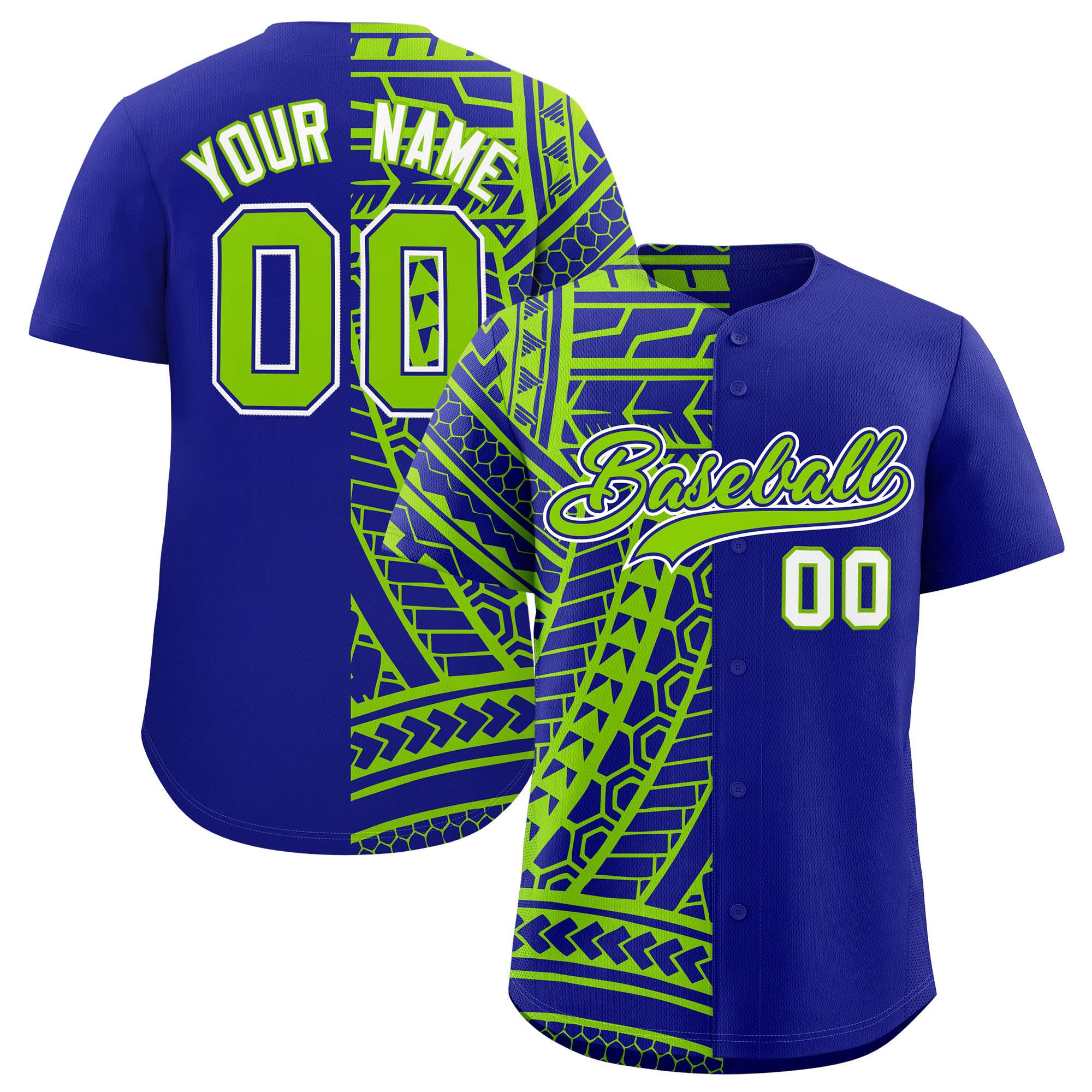 Custom Royal Neon Green Split Fashion Tribal Pattern Authentic Baseball Jersey