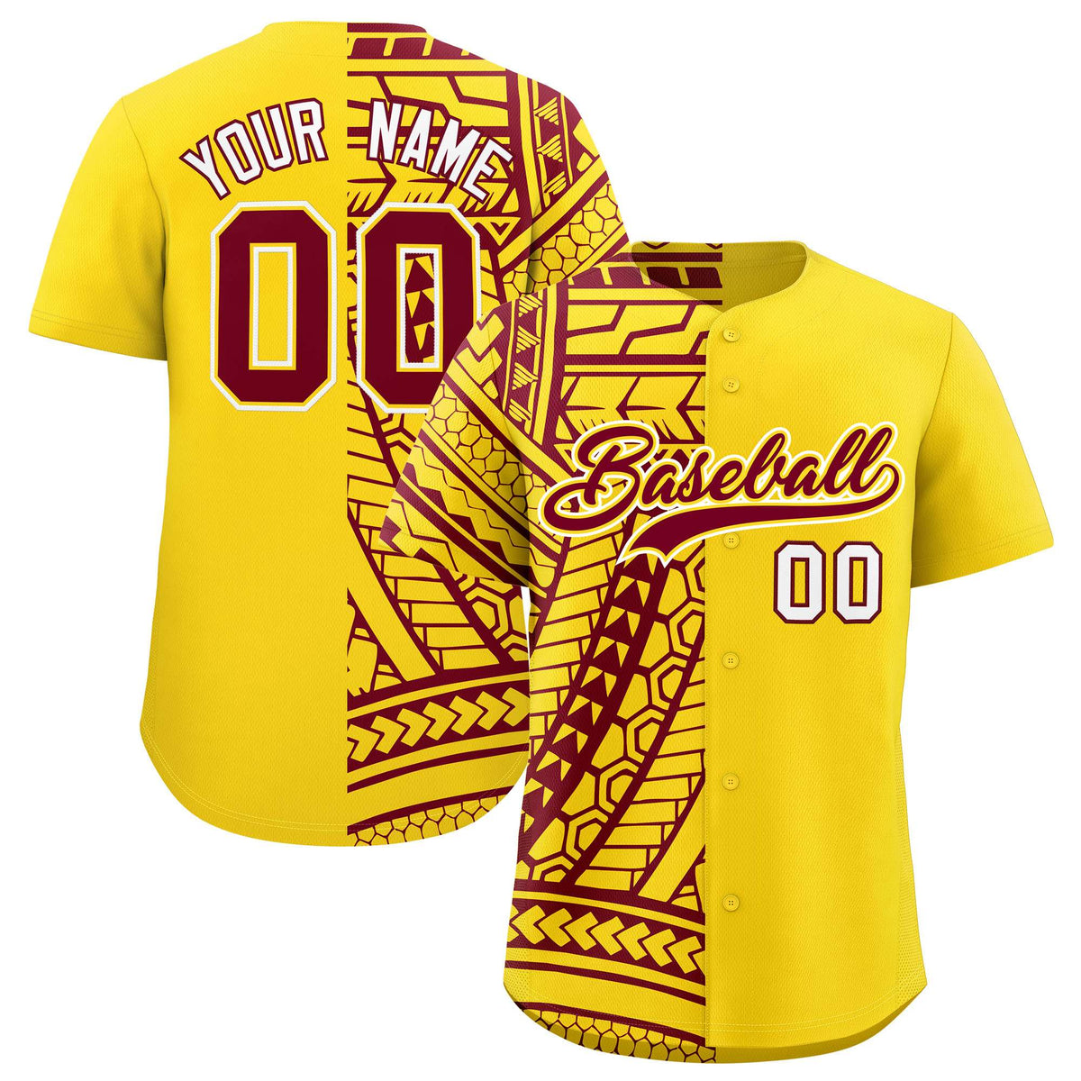 Custom Gold Crimson Split Fashion Tribal Pattern Authentic Baseball Jersey