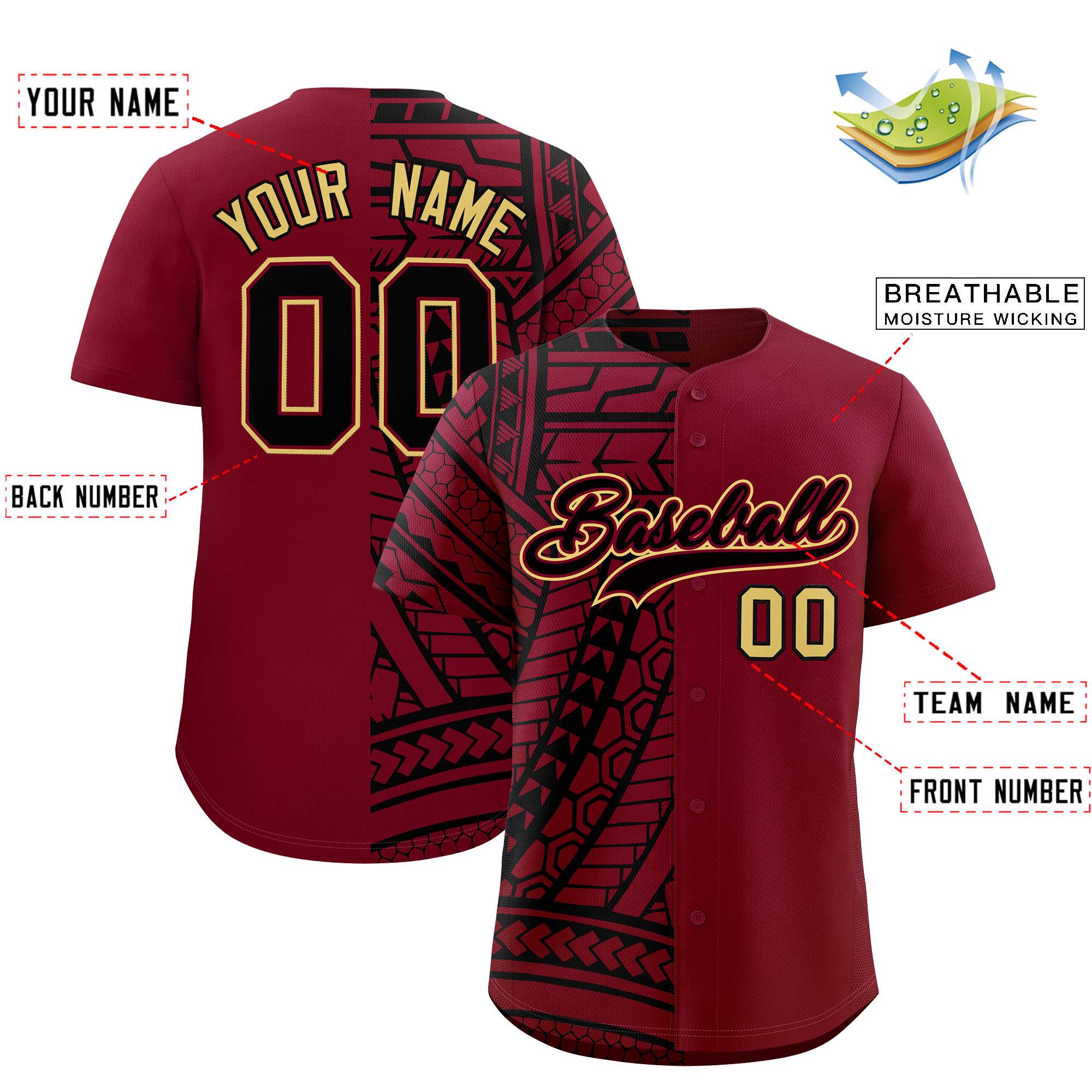 Custom Crimson Black Split Fashion Tribal Pattern Authentic Baseball Jersey