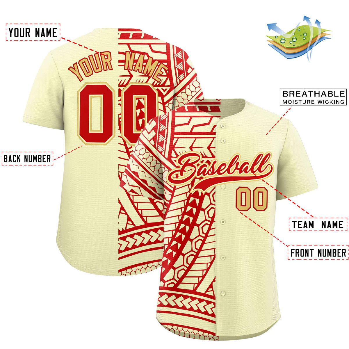 Custom Cream Red Split Fashion Tribal Pattern Authentic Baseball Jersey