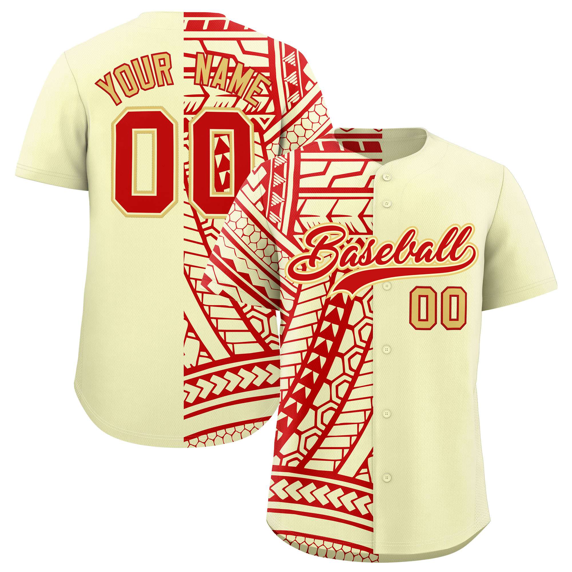 Custom Cream Red Split Fashion Tribal Pattern Authentic Baseball Jersey