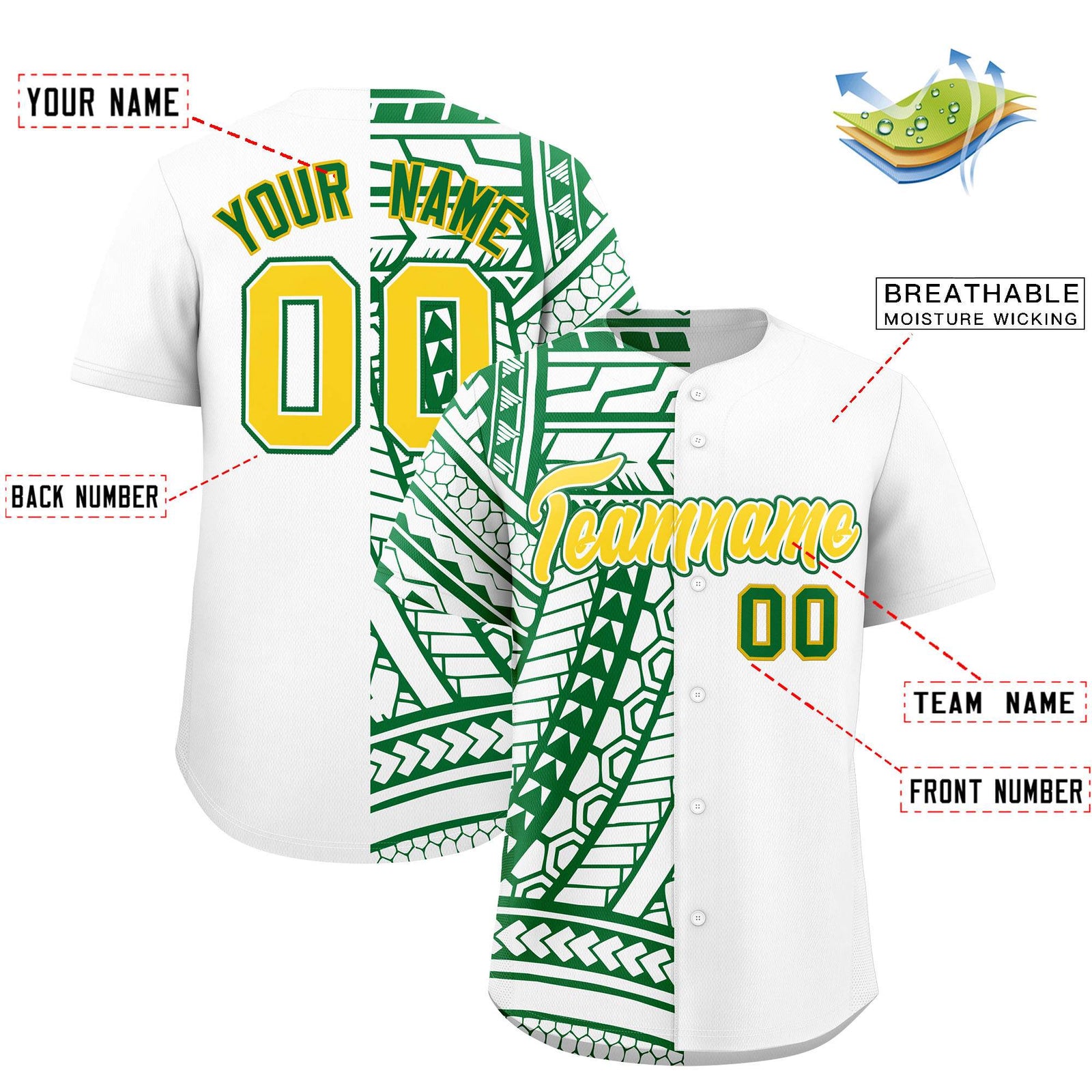 Custom White Kelly Green Split Fashion Tribal Pattern Authentic Baseball Jersey