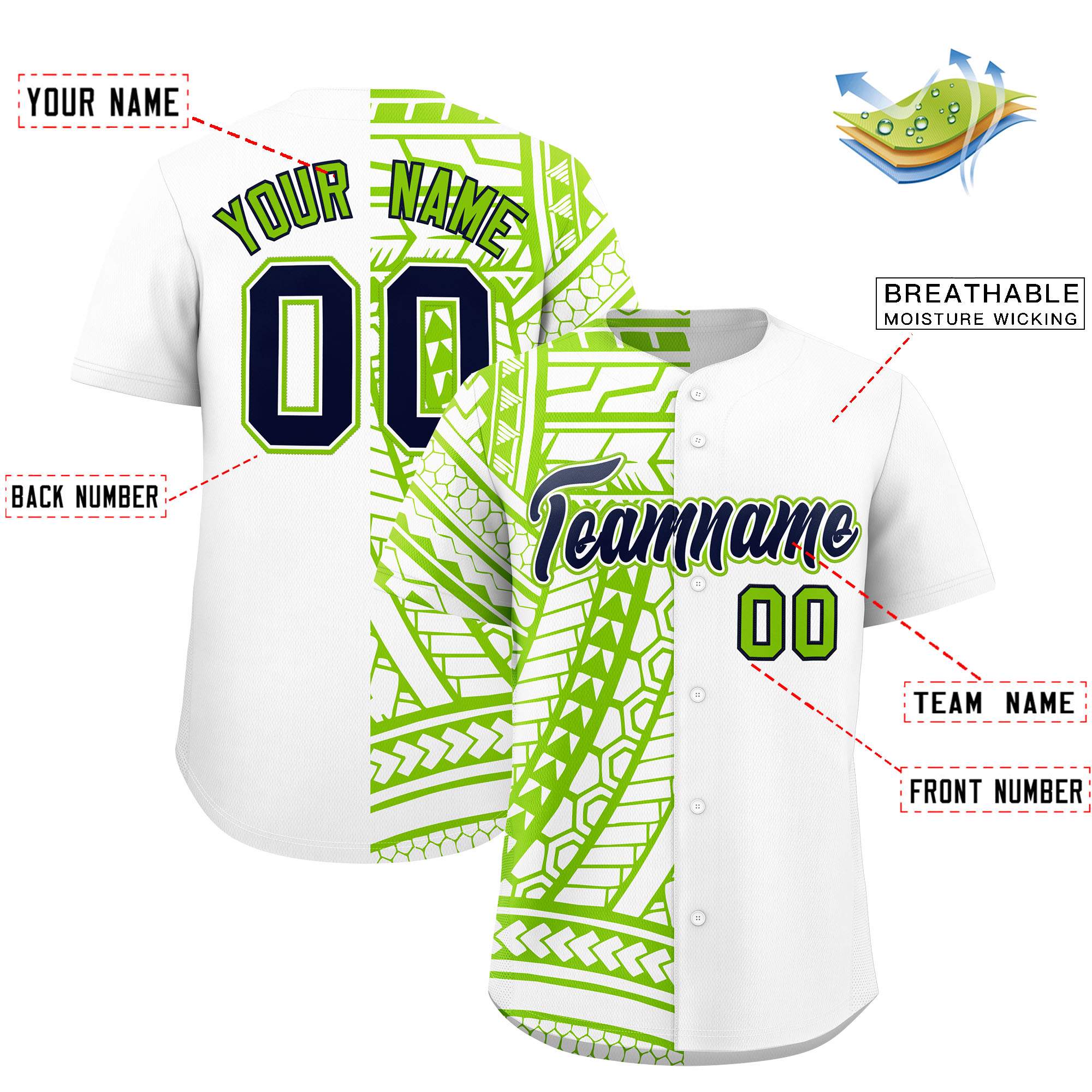 Custom White Neon Green Split Fashion Tribal Pattern Authentic Baseball Jersey