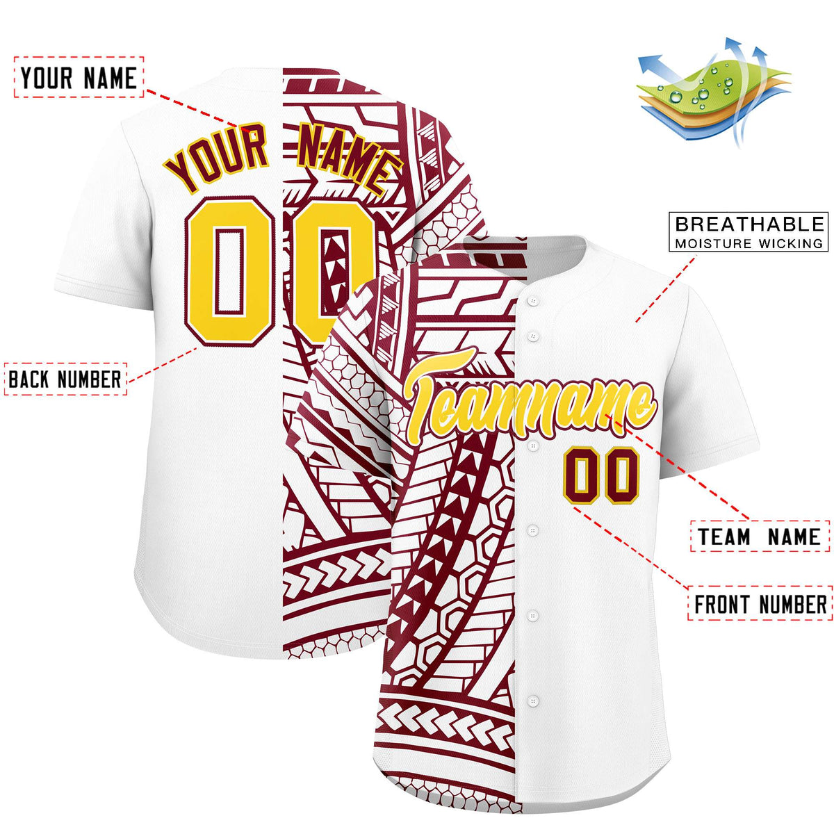 Custom White Crimson Split Fashion Tribal Pattern Authentic Baseball Jersey