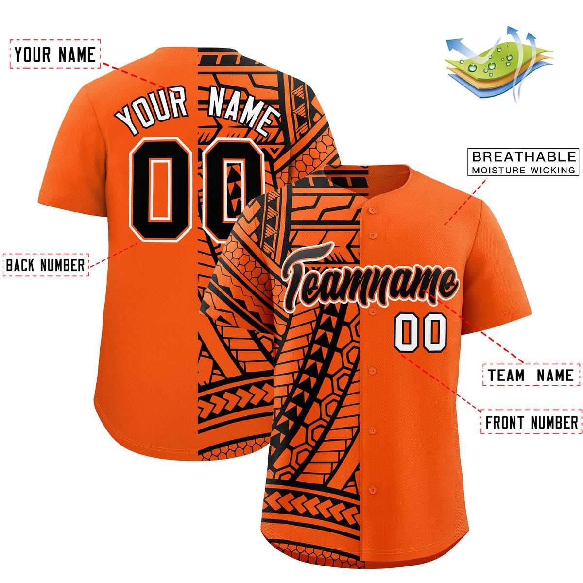 Custom Orange Black Split Fashion Tribal Pattern Authentic Baseball Jersey