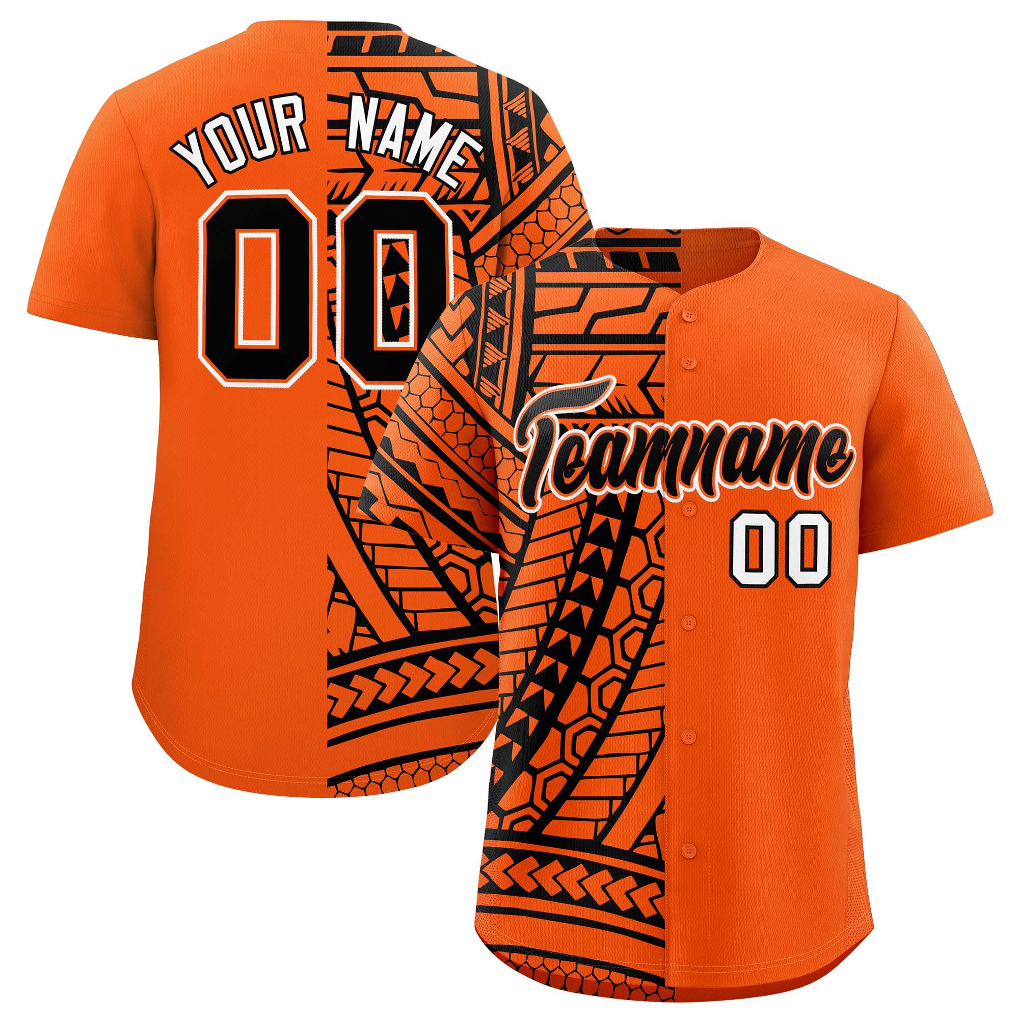 Custom Orange Black Split Fashion Tribal Pattern Authentic Baseball Jersey