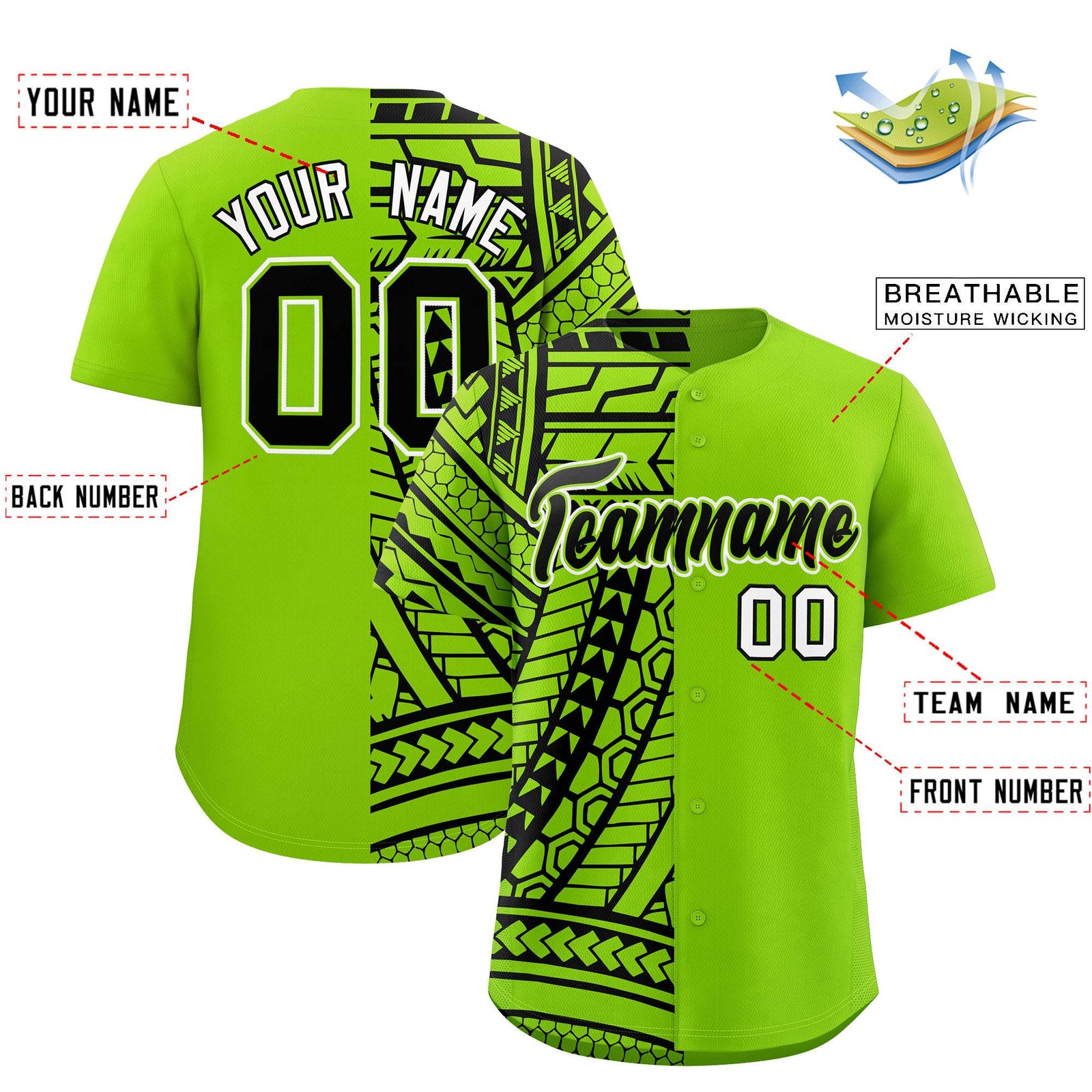 Custom Black Neon Green Split Fashion Tribal Pattern Authentic Baseball Jersey