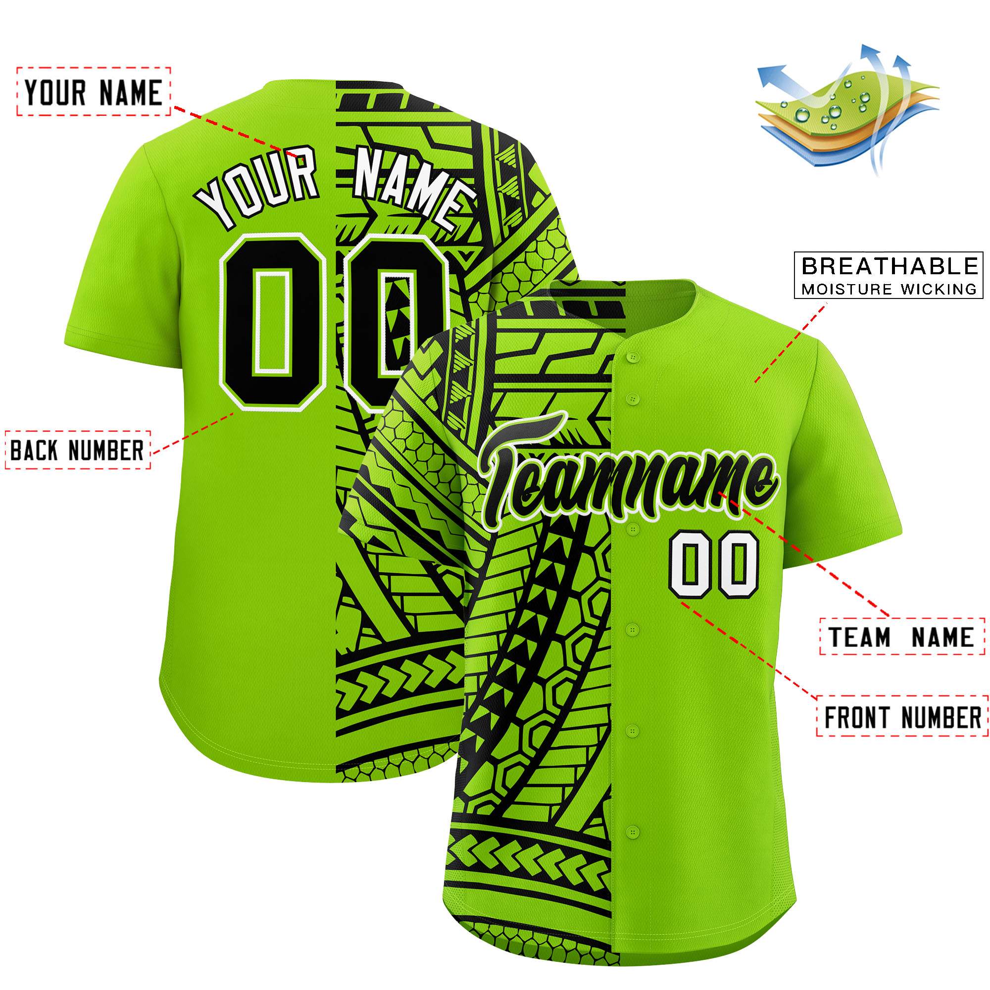 Custom Black Neon Green Split Fashion Tribal Pattern Authentic Baseball Jersey