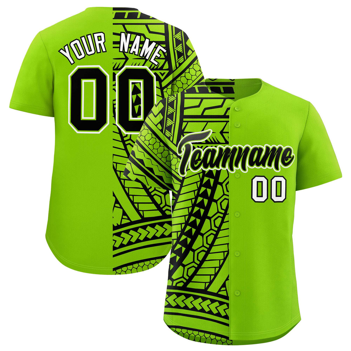 Custom Black Neon Green Split Fashion Tribal Pattern Authentic Baseball Jersey