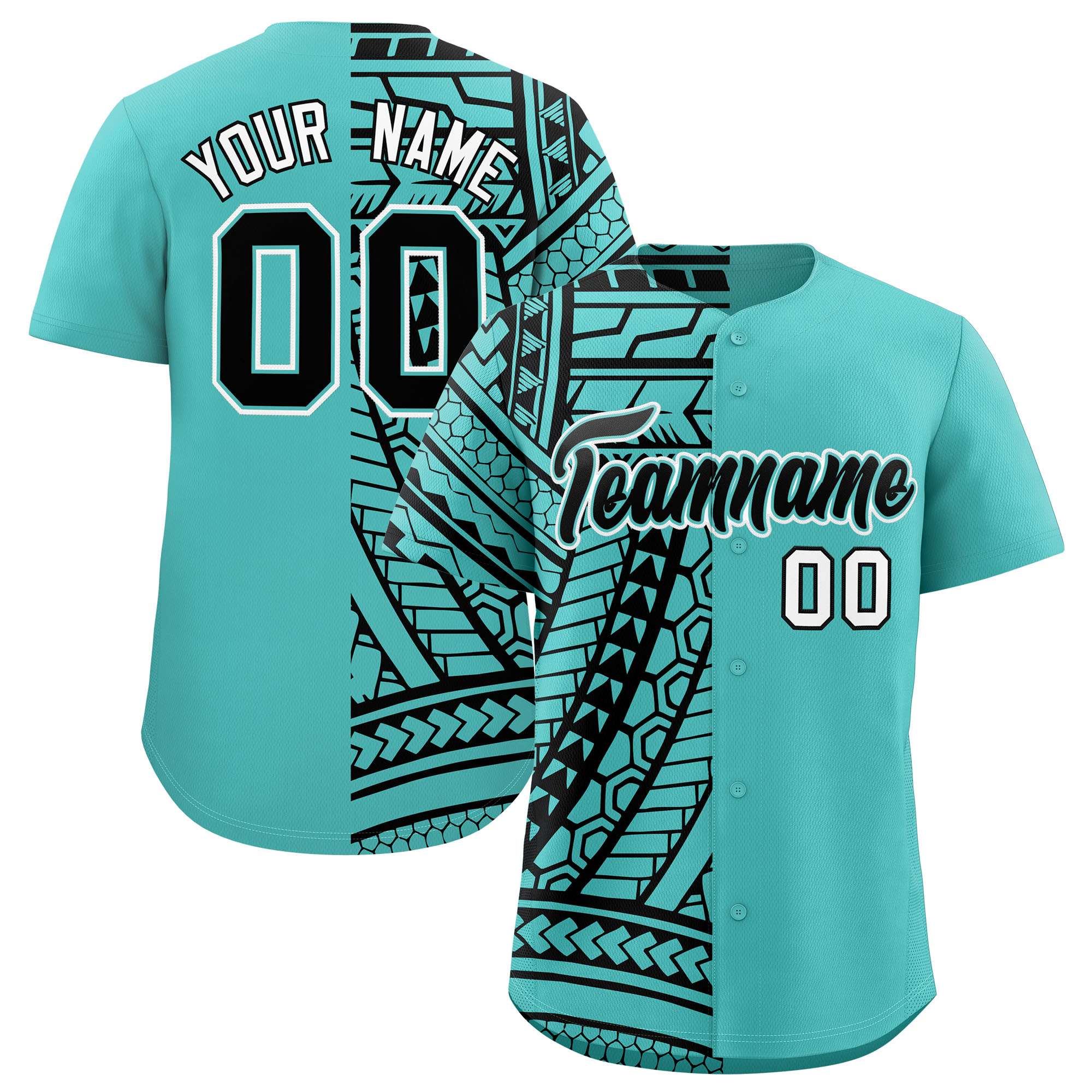 Custom Aqua Black Split Fashion Tribal Pattern Authentic Baseball Jersey