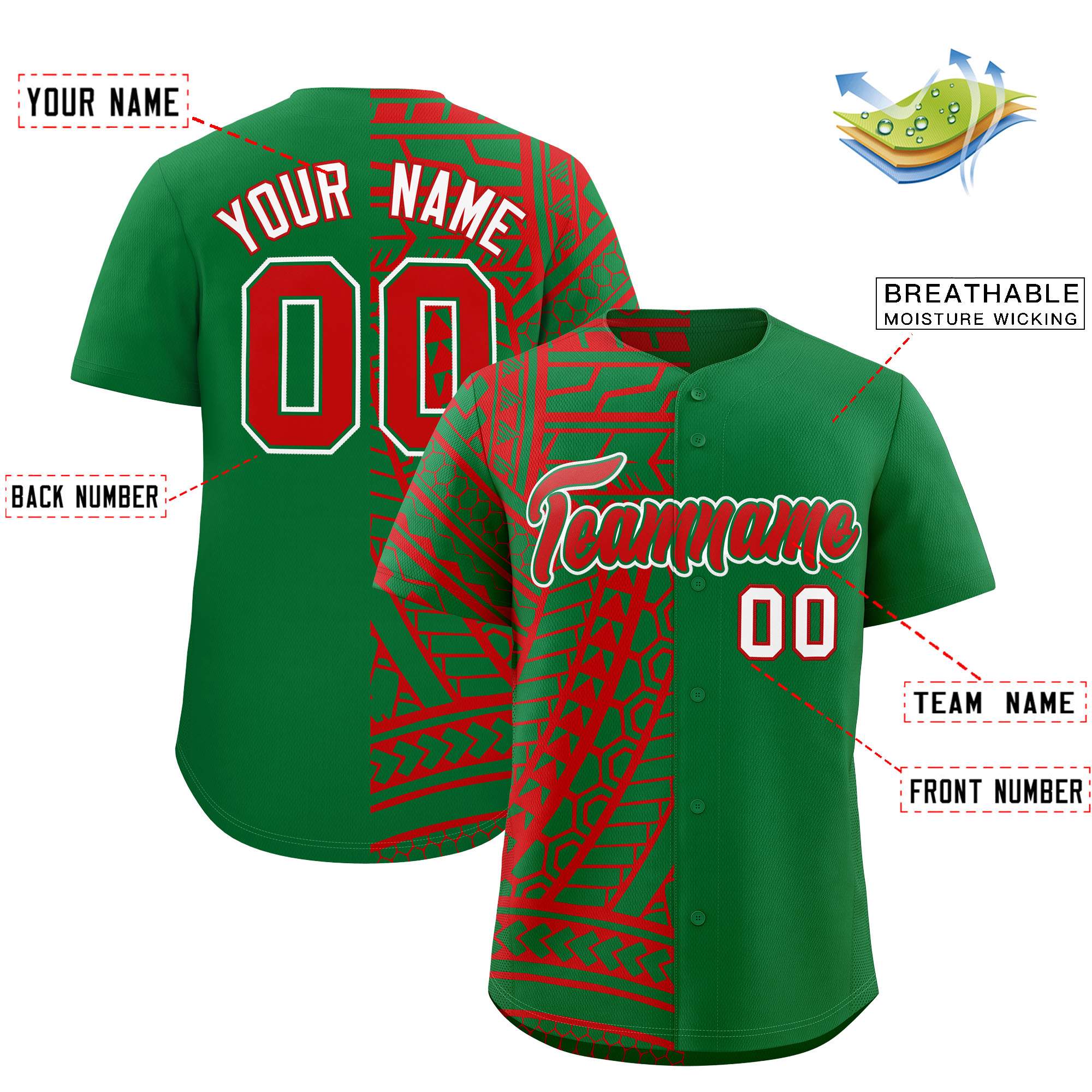 Custom Red Kelly Green Split Fashion Tribal Pattern Authentic Baseball Jersey