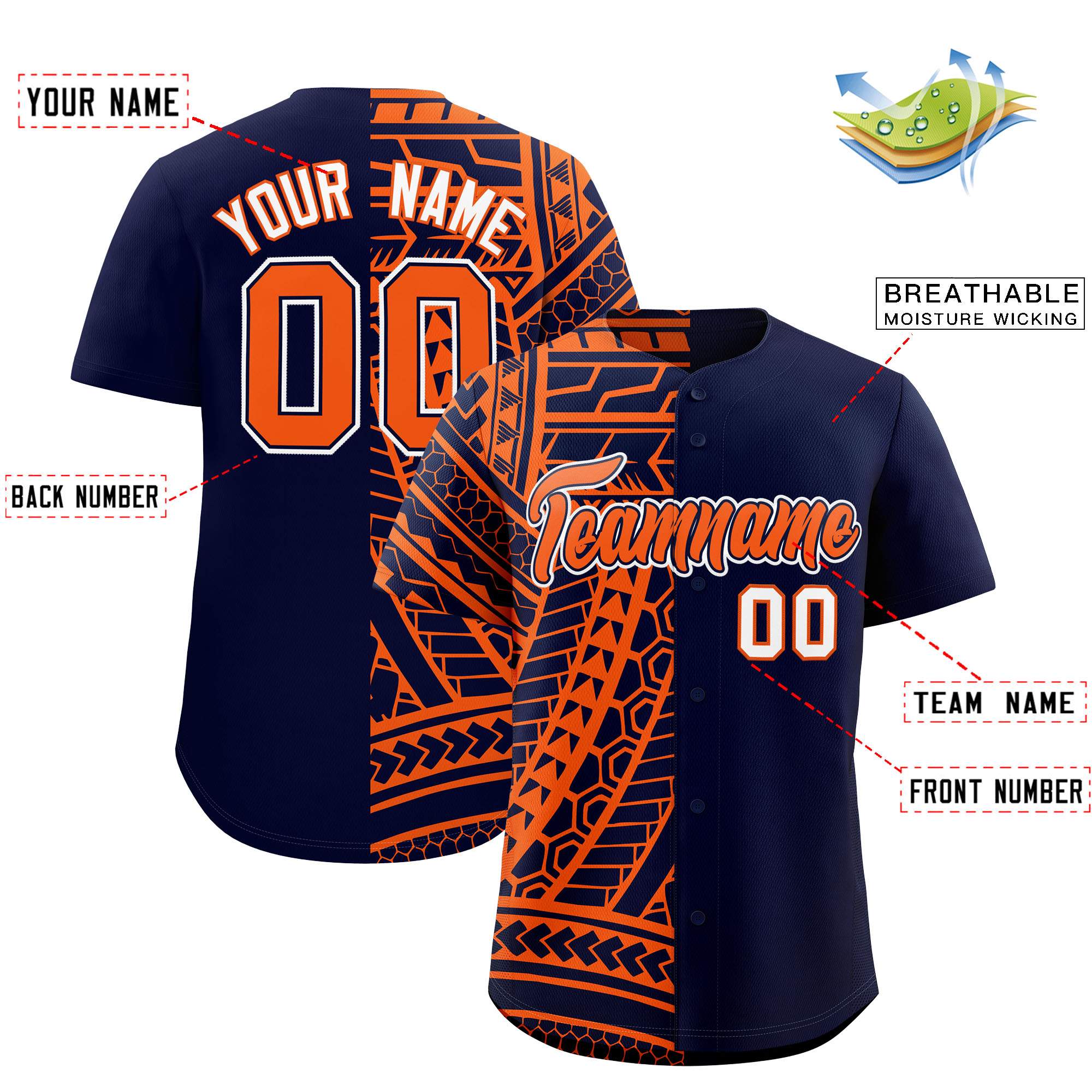Custom Navy Orange Split Fashion Tribal Pattern Authentic Baseball Jersey
