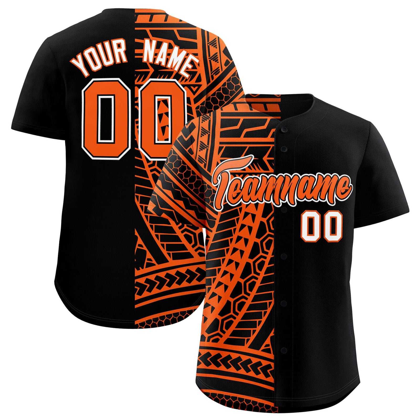 Custom Black Orange Split Fashion Tribal Pattern Authentic Baseball Jersey