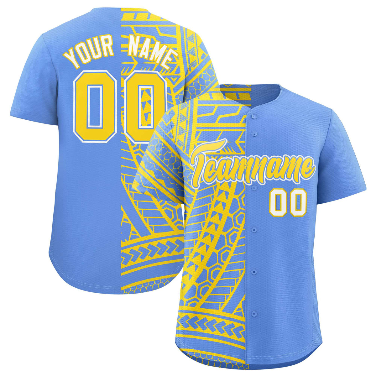 Custom Light Blue Gold Split Fashion Tribal Pattern Authentic Baseball Jersey