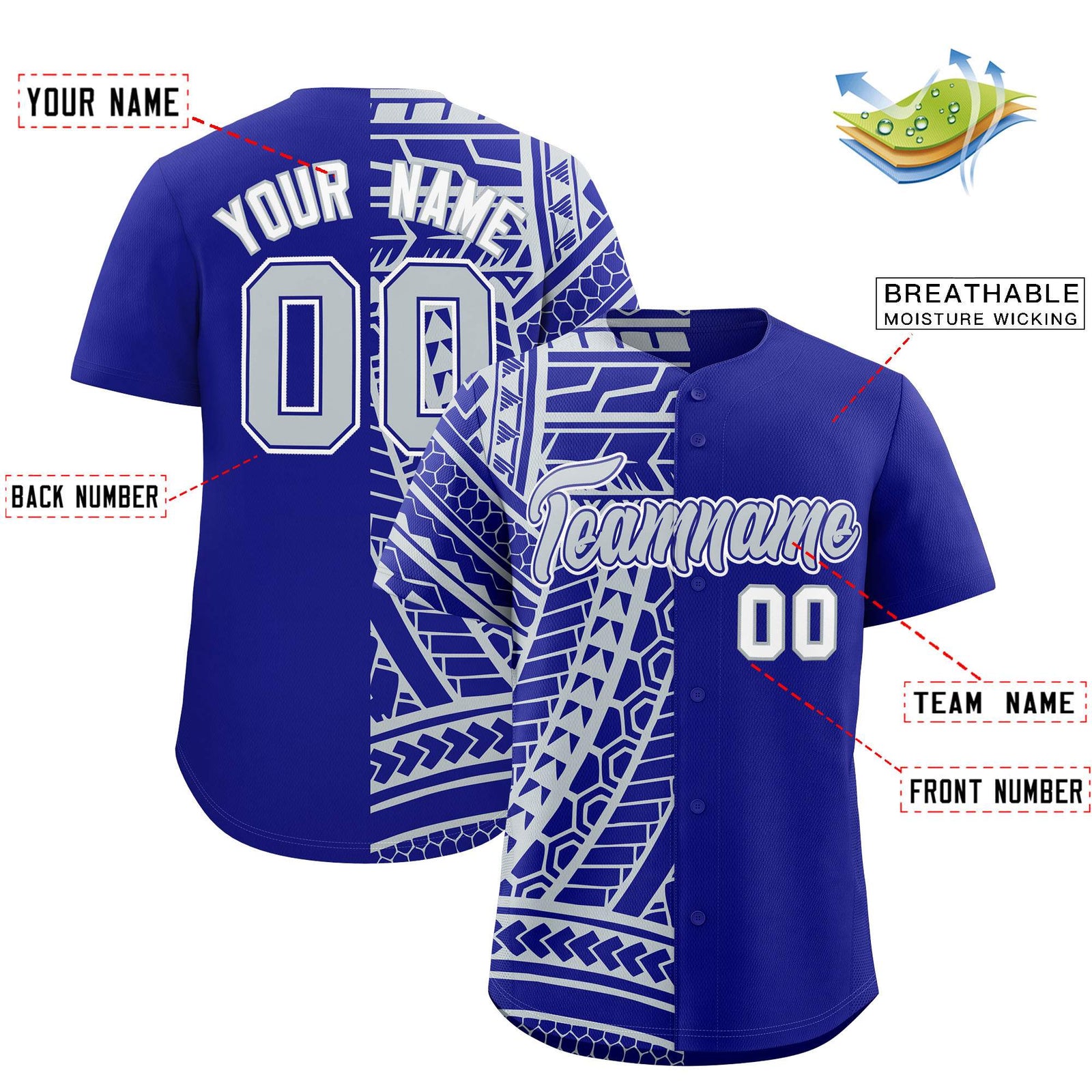 Custom Royal Silver Split Fashion Tribal Pattern Authentic Baseball Jersey