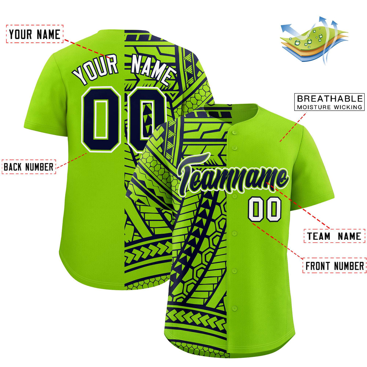Custom Neon Green Navy Split Fashion Tribal Pattern Authentic Baseball Jersey