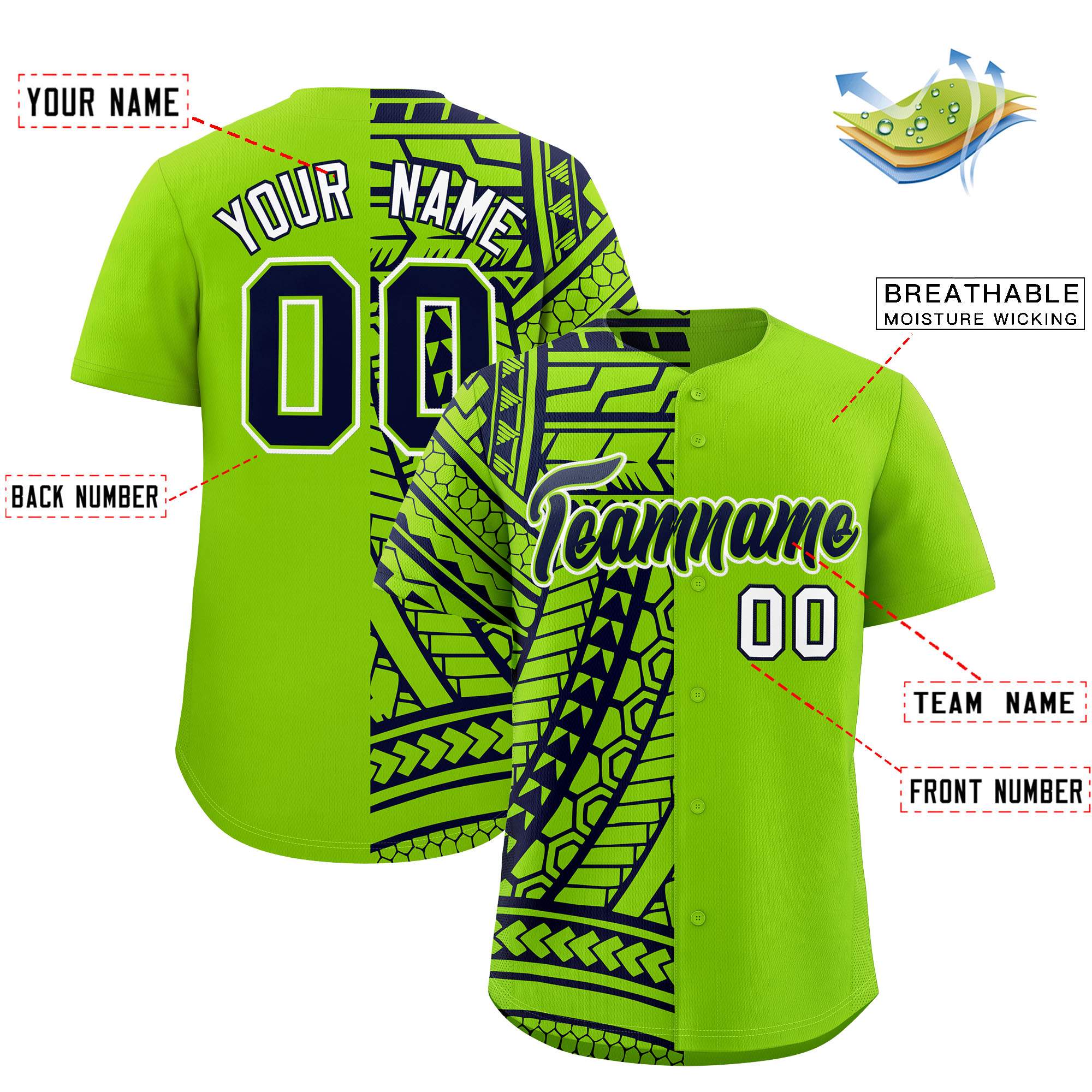 Custom Neon Green Navy Split Fashion Tribal Pattern Authentic Baseball Jersey