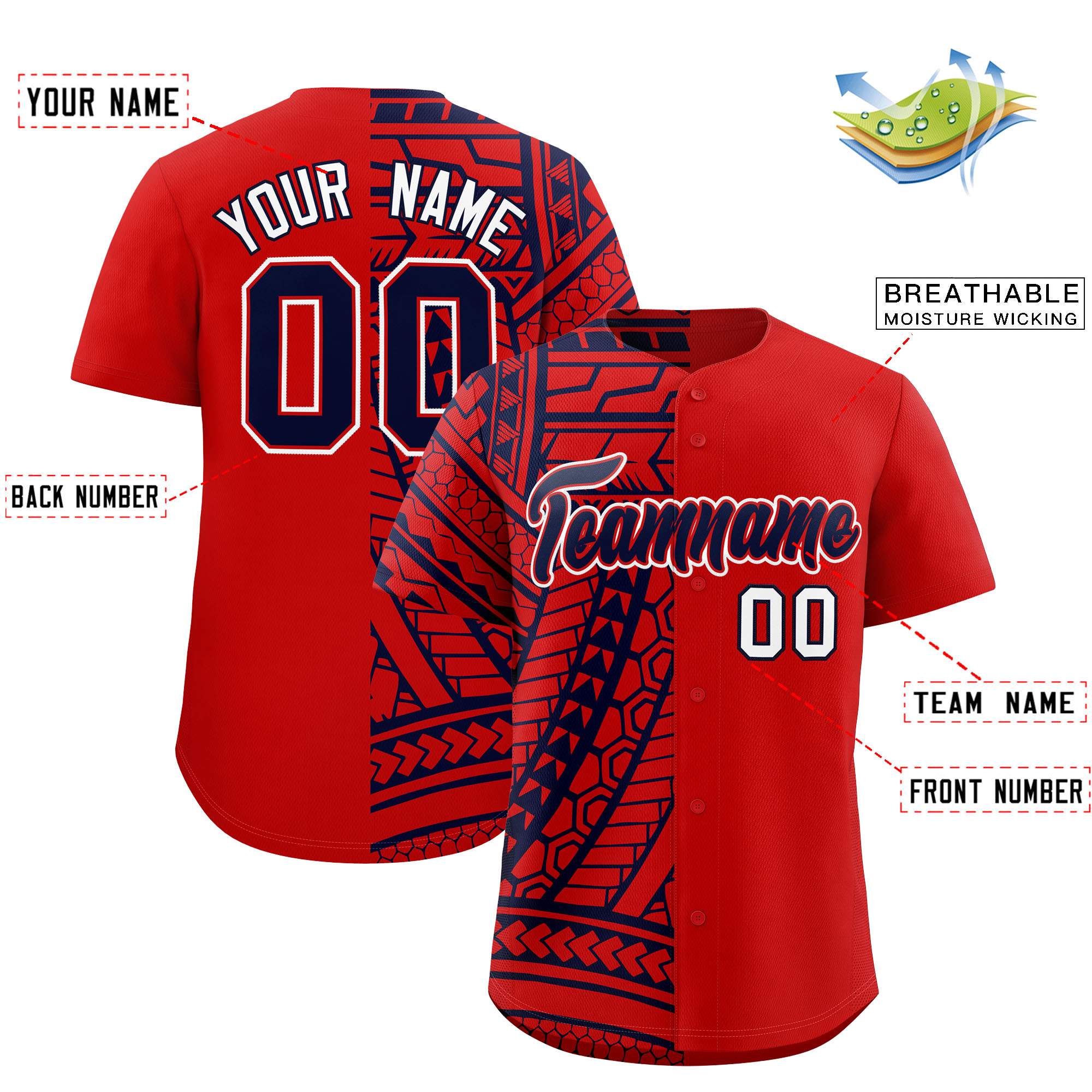 Custom Red Navy Split Fashion Tribal Pattern Authentic Baseball Jersey