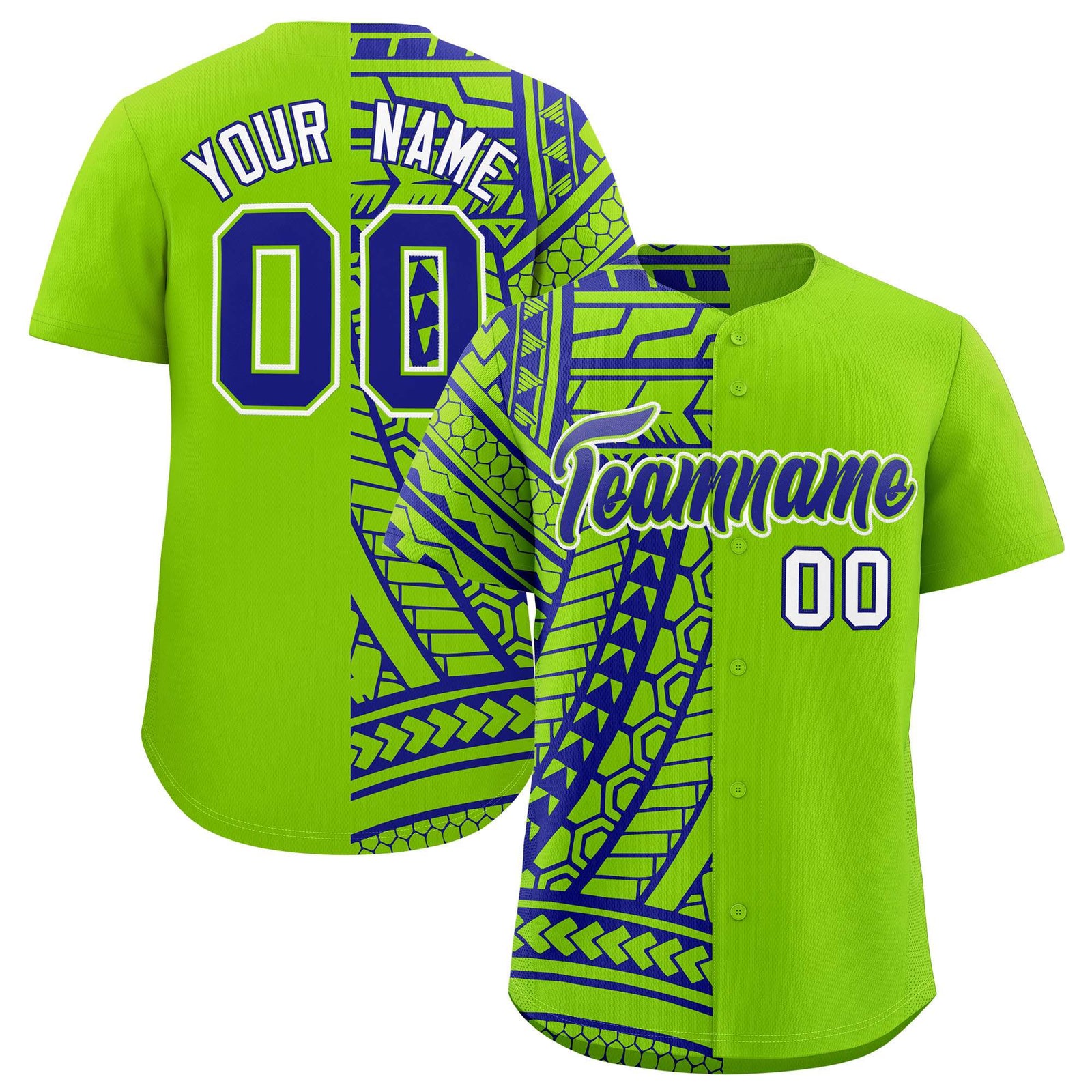 Custom Neon Green Royal Split Fashion Tribal Pattern Authentic Baseball Jersey