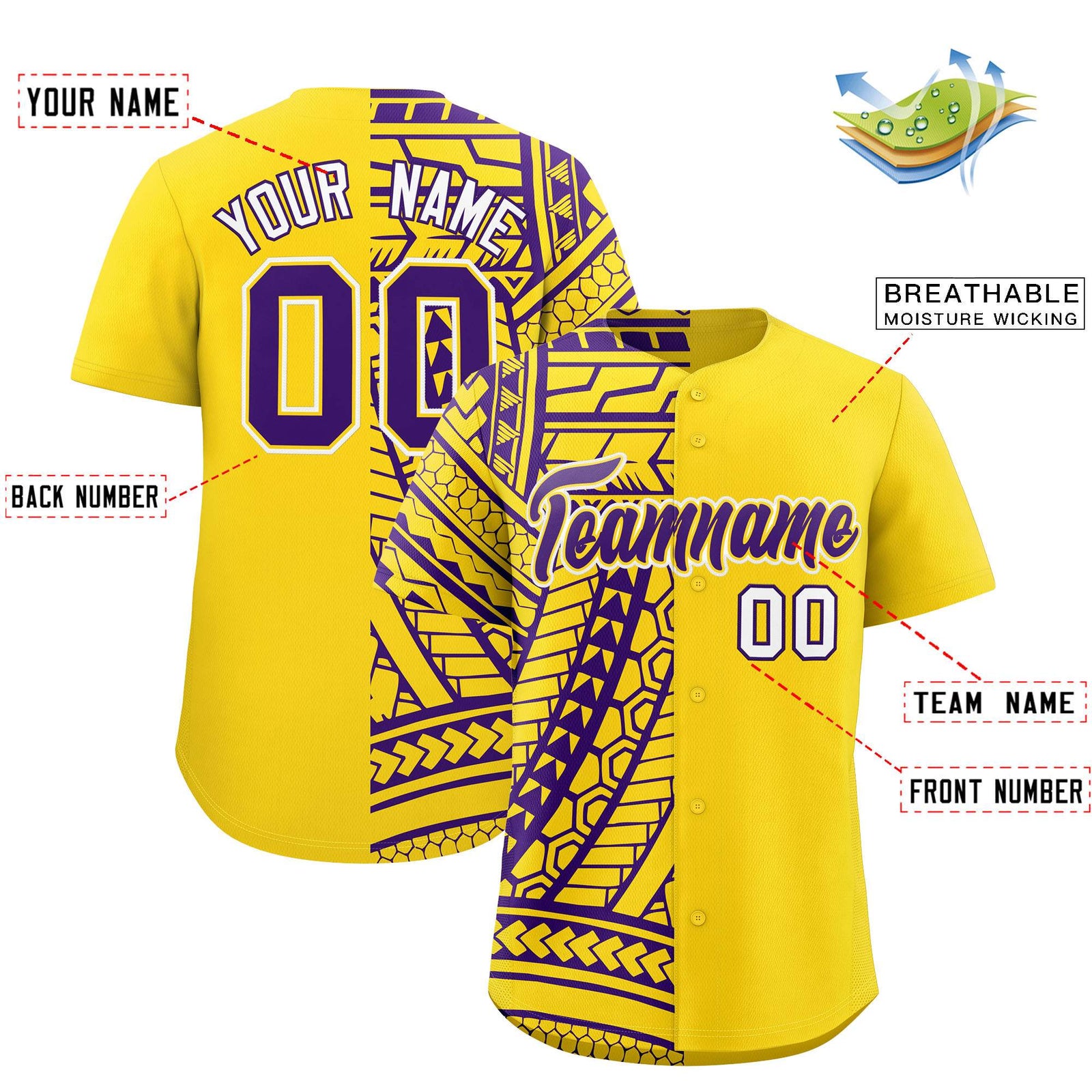 Custom Gold Purple Split Fashion Tribal Pattern Authentic Baseball Jersey