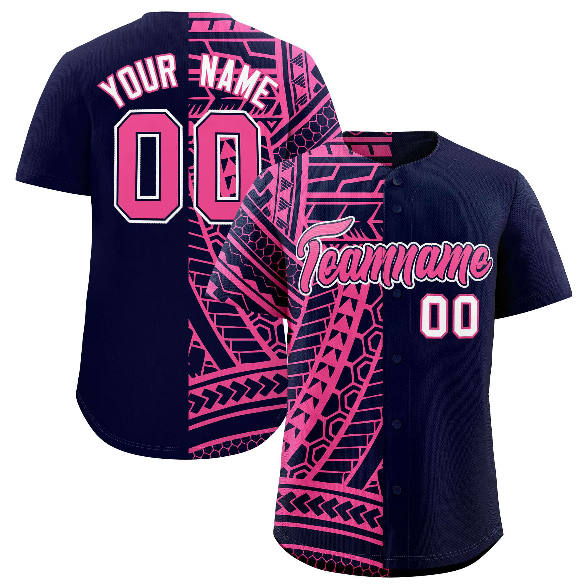 Custom Navy Pink Split Fashion Tribal Pattern Authentic Baseball Jersey