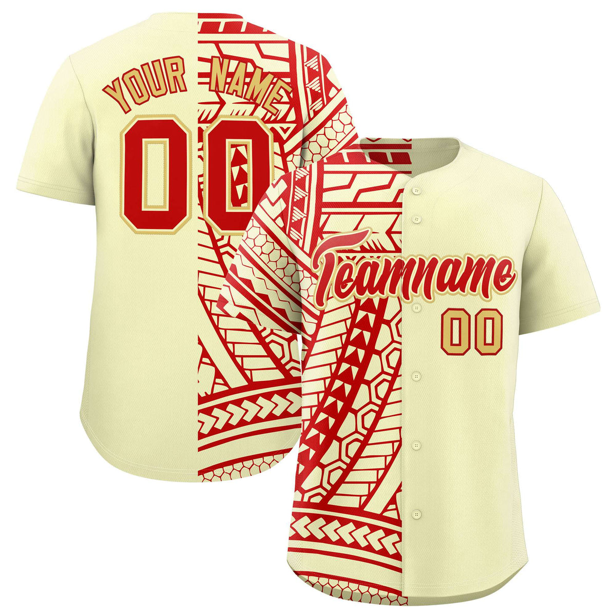 Custom Cream Red Split Fashion Tribal Pattern Authentic Baseball Jersey