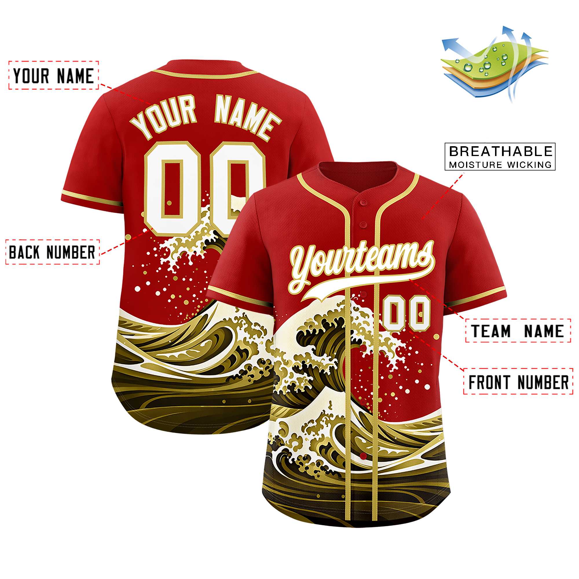 Custom Red Wave Graffiti Pattern Authentic Baseball Jersey