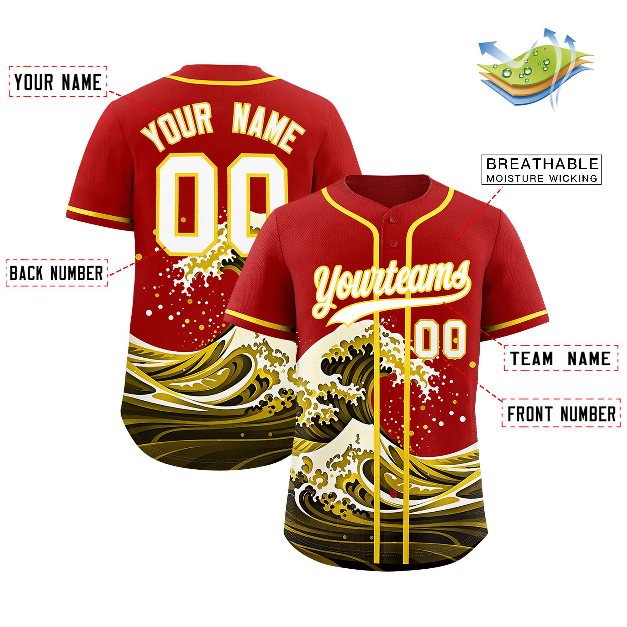 Custom Red Wave Graffiti Pattern Authentic Baseball Jersey