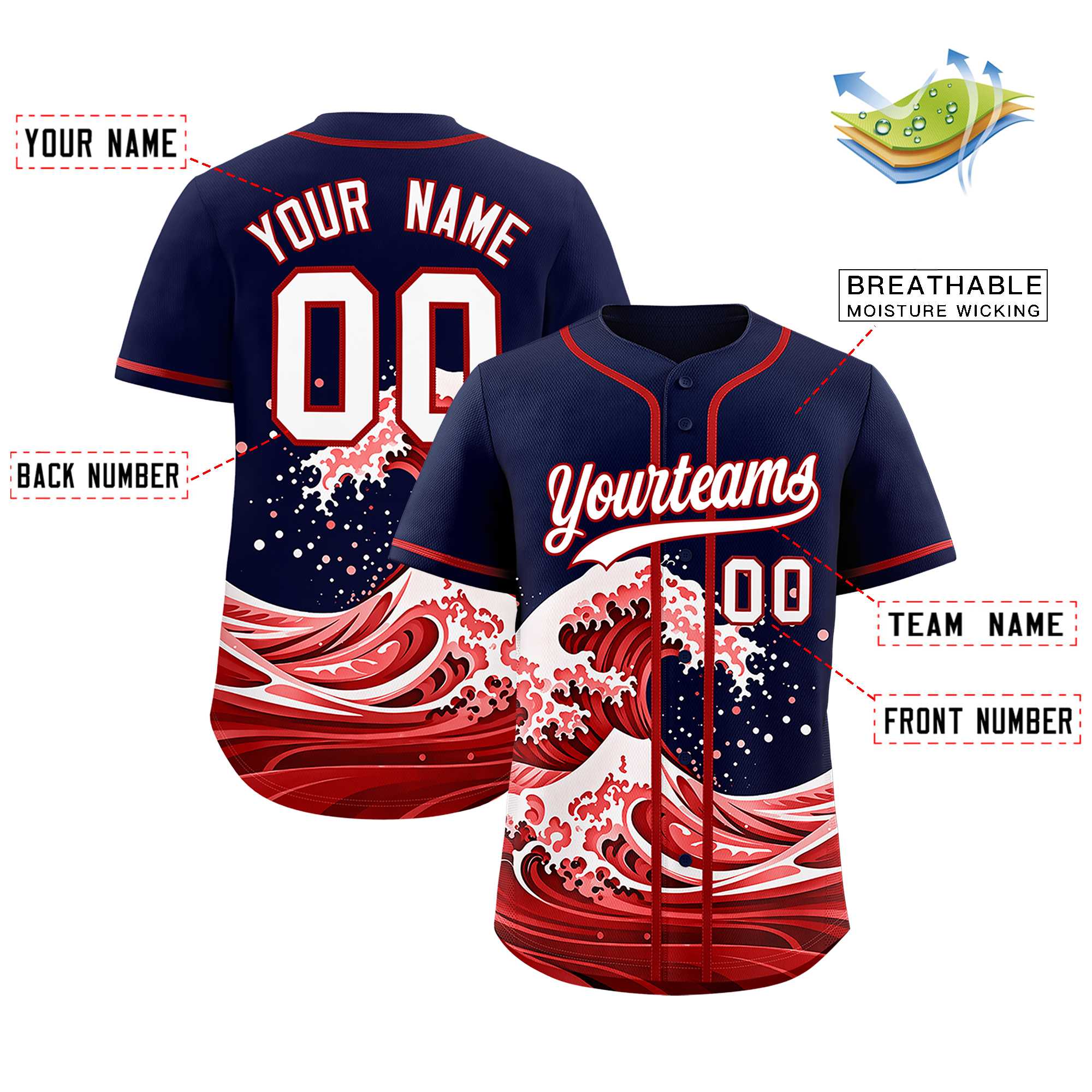 Custom Navy Wave Graffiti Pattern Authentic Baseball Jersey
