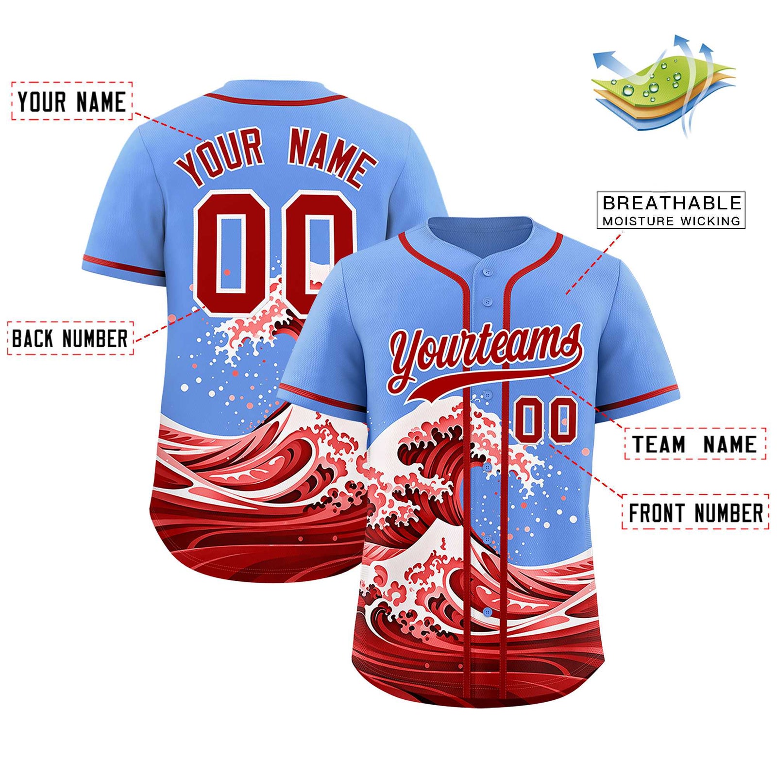 Custom Light Blue Wave Graffiti Pattern Authentic Baseball Jersey