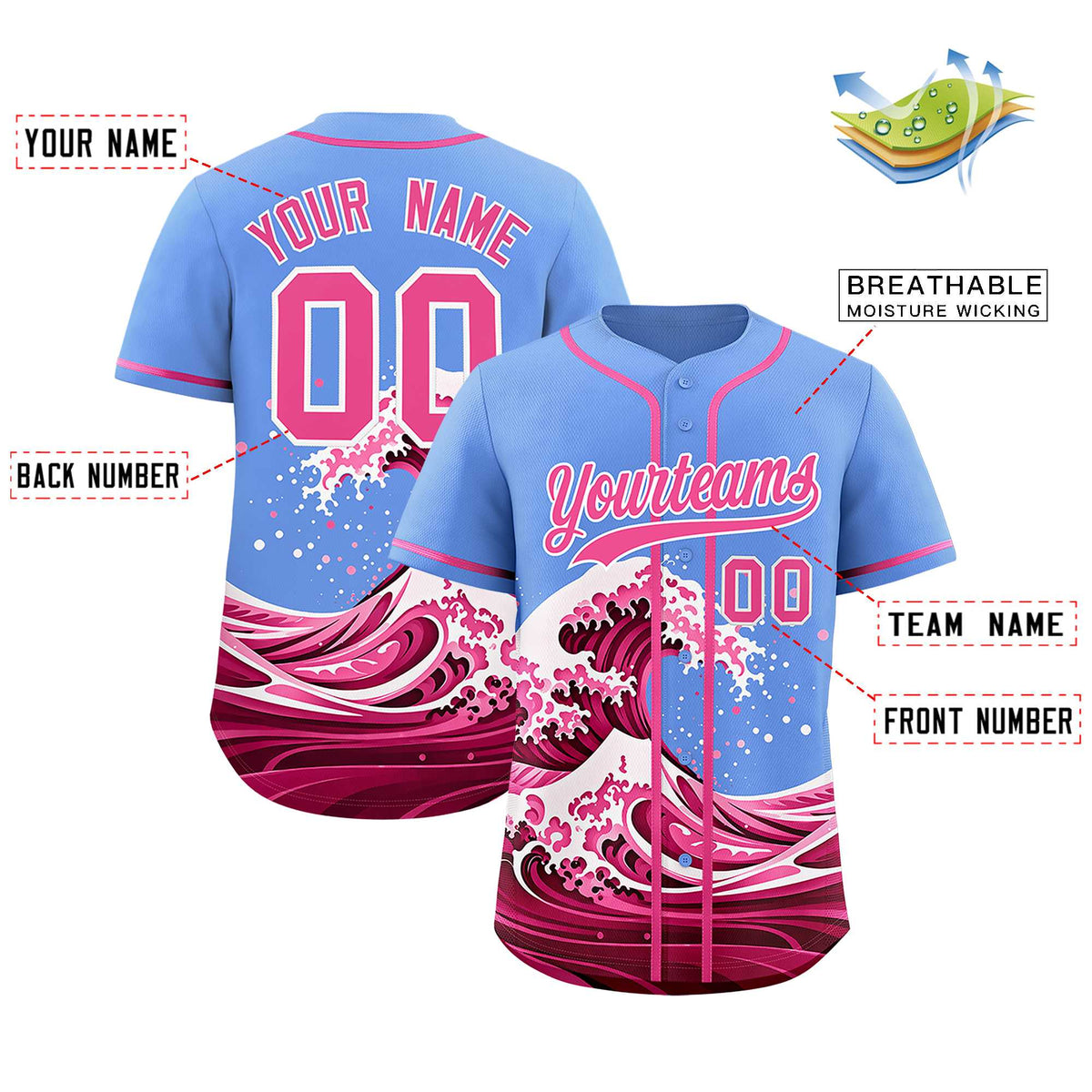 Custom Light Blue Wave Graffiti Pattern Authentic Baseball Jersey