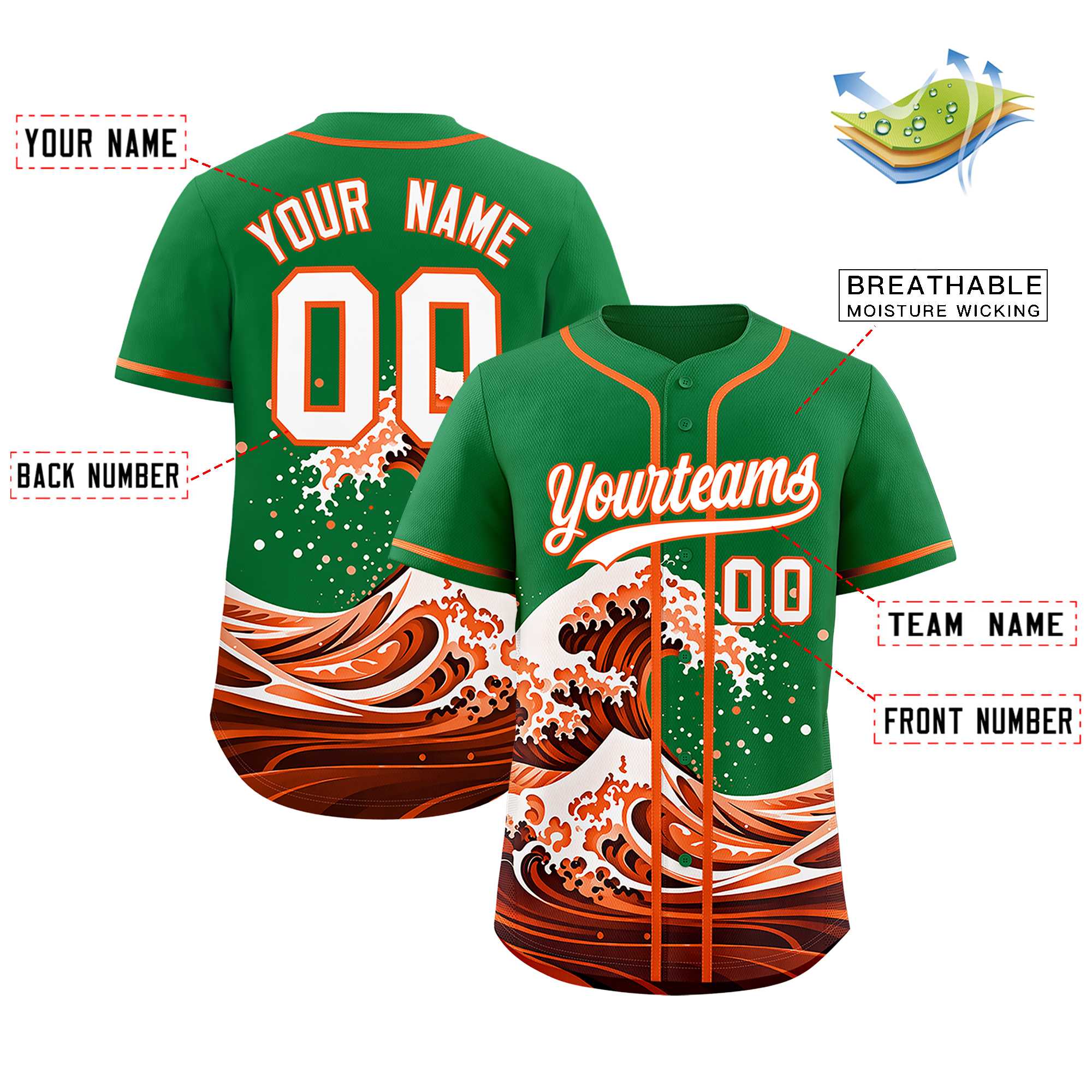 Custom Kelly Green Wave Graffiti Pattern Authentic Baseball Jersey
