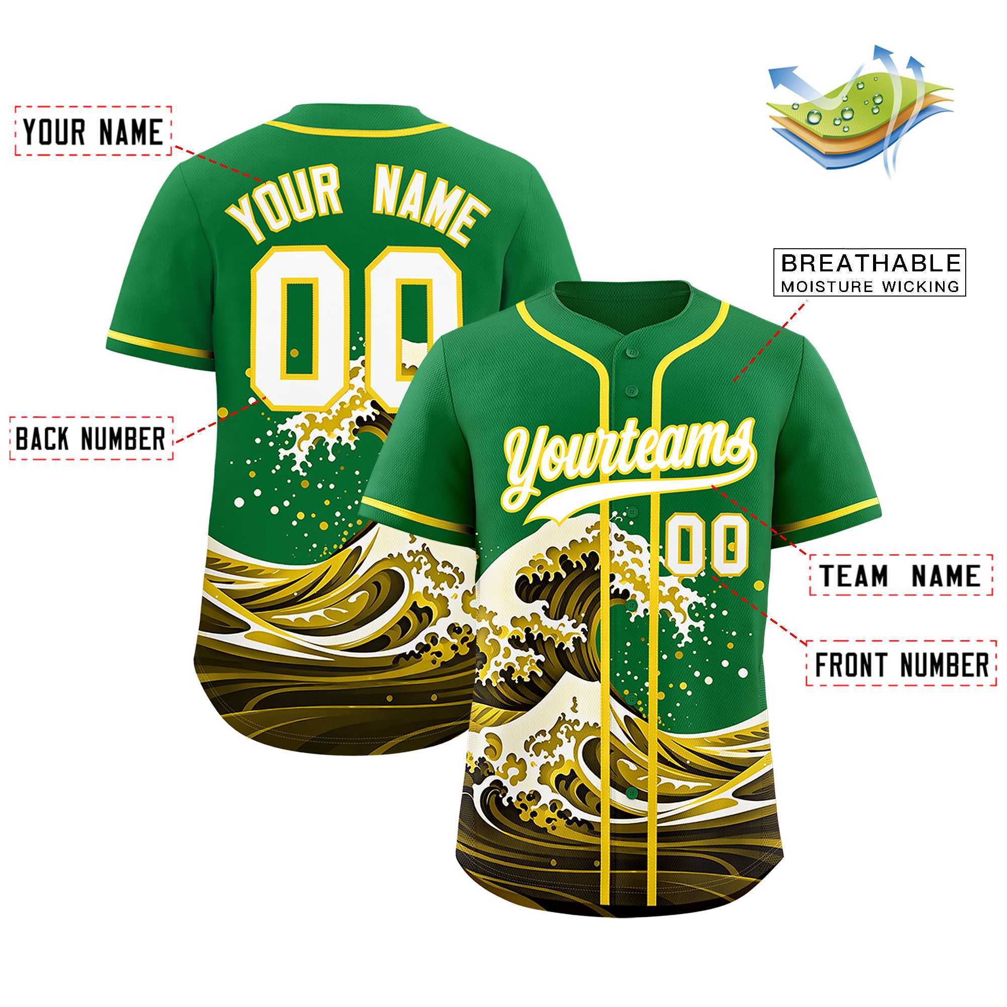 Custom Kelly Green Wave Graffiti Pattern Authentic Baseball Jersey