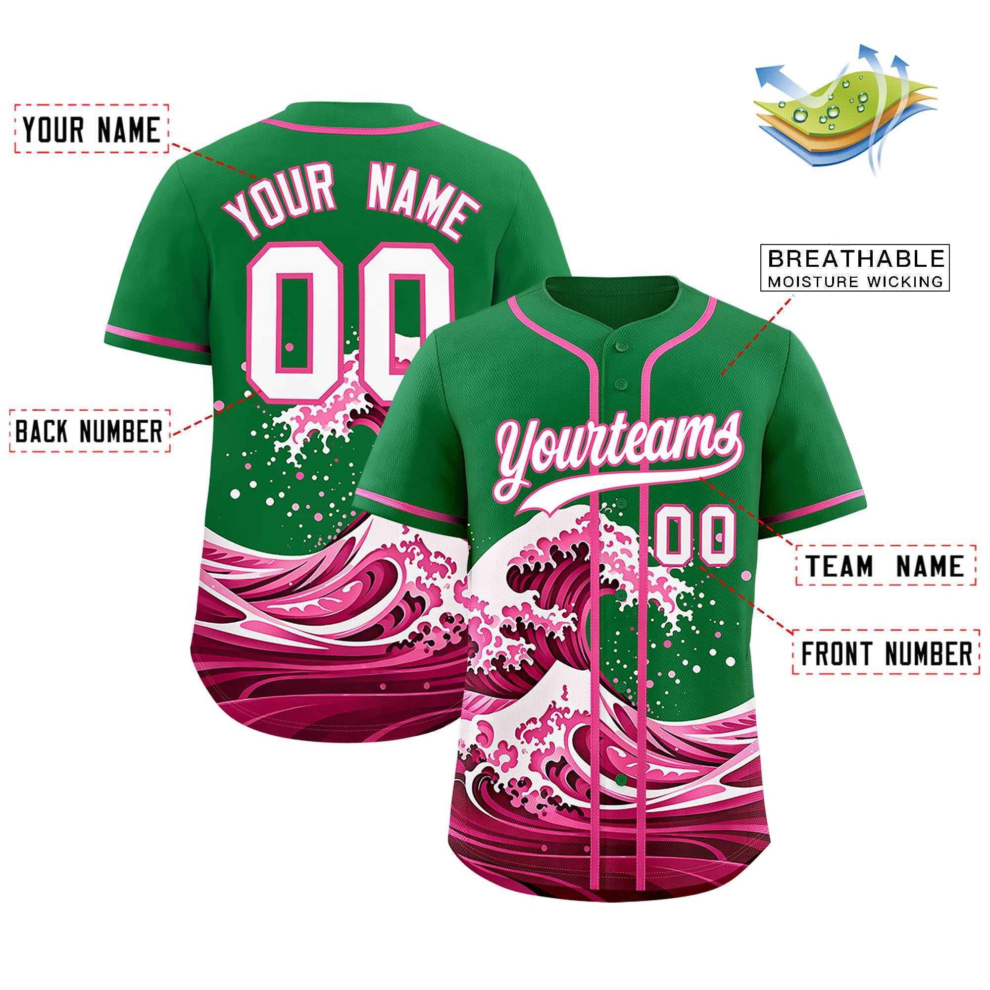 Custom Kelly Green Wave Graffiti Pattern Authentic Baseball Jersey