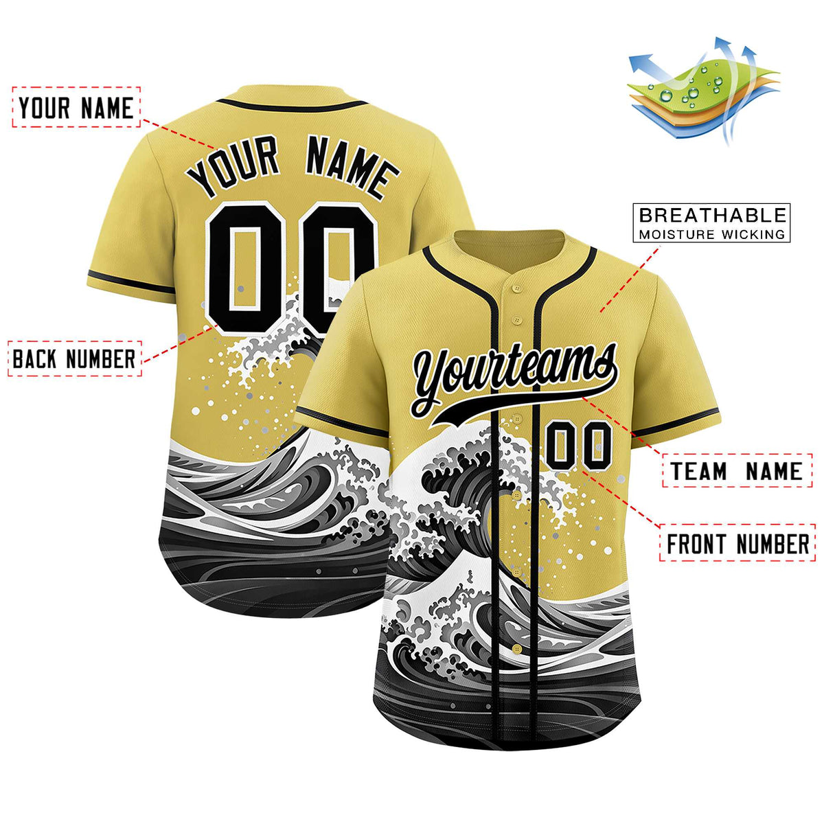 Custom Old Gold Wave Graffiti Pattern Authentic Baseball Jersey