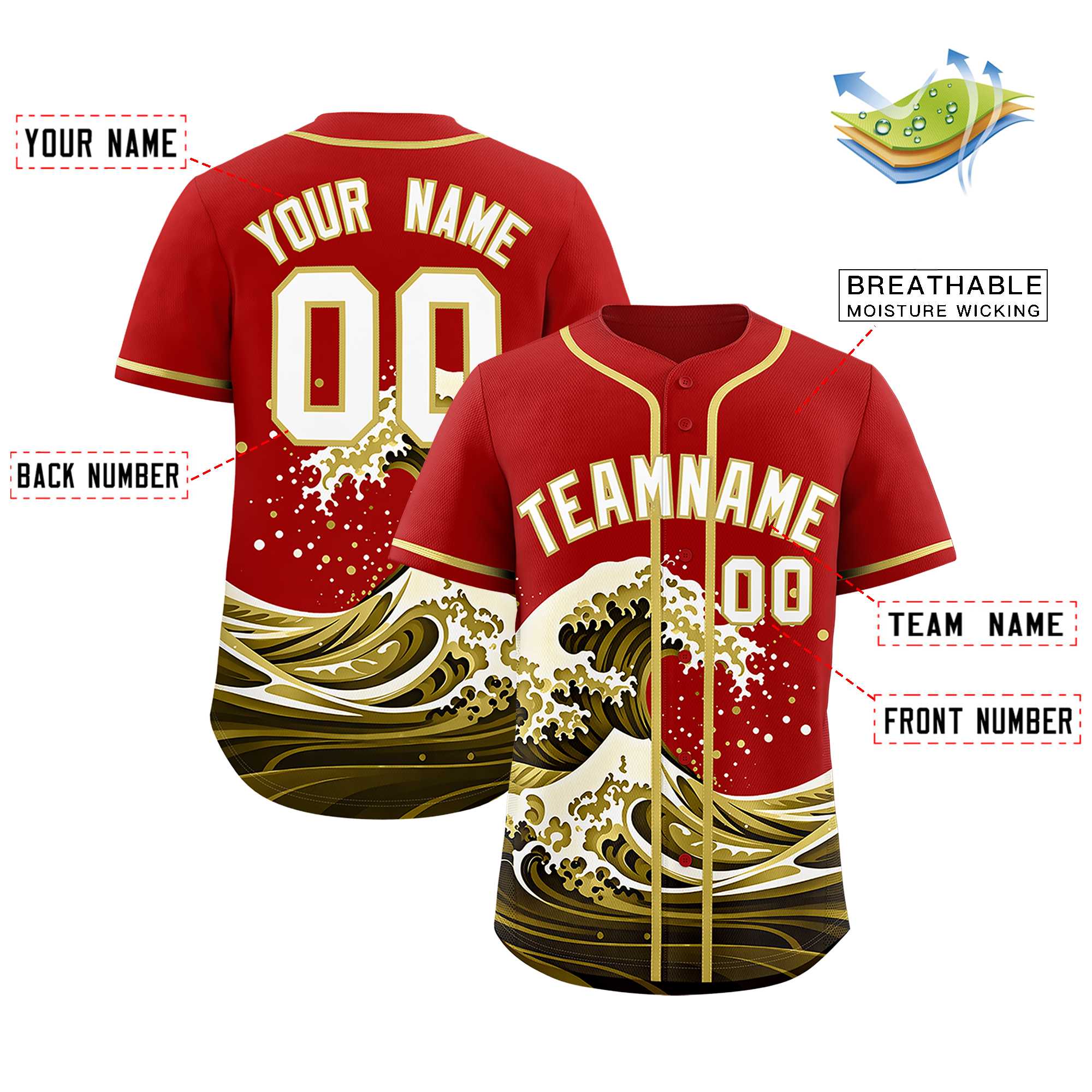 Custom Red Wave Graffiti Pattern Authentic Baseball Jersey