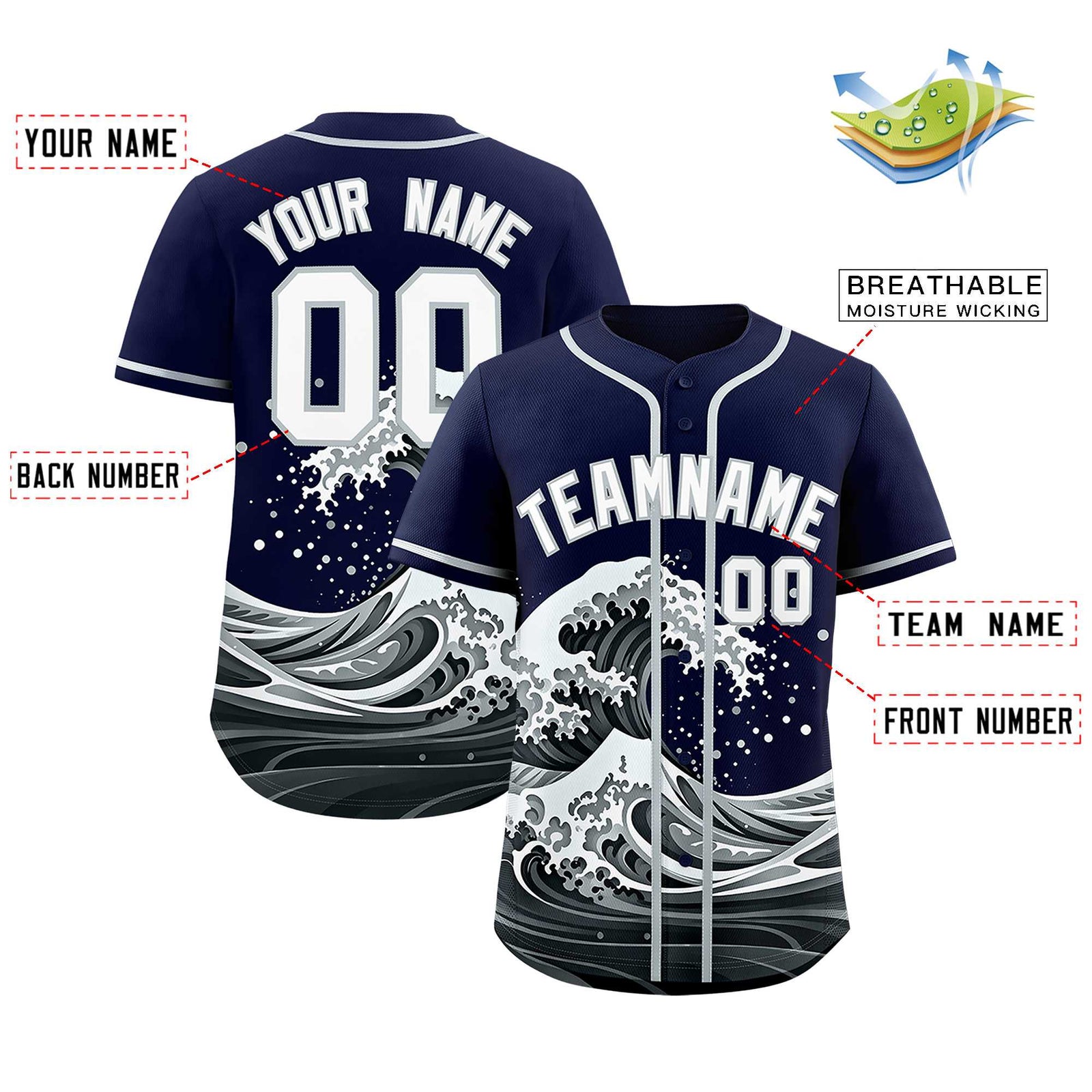 Custom Navy Wave Graffiti Pattern Authentic Baseball Jersey