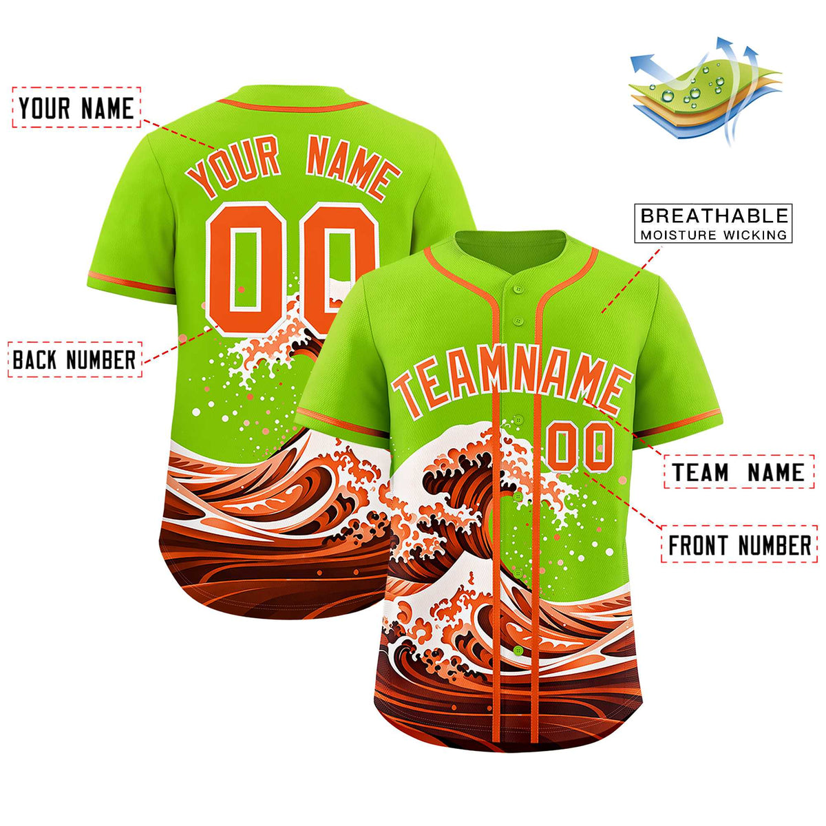 Custom Neon Green Wave Graffiti Pattern Authentic Baseball Jersey