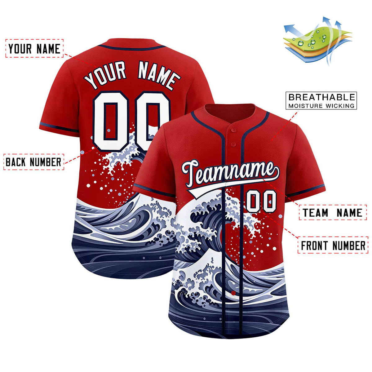 Custom Red Wave Graffiti Pattern Authentic Baseball Jersey