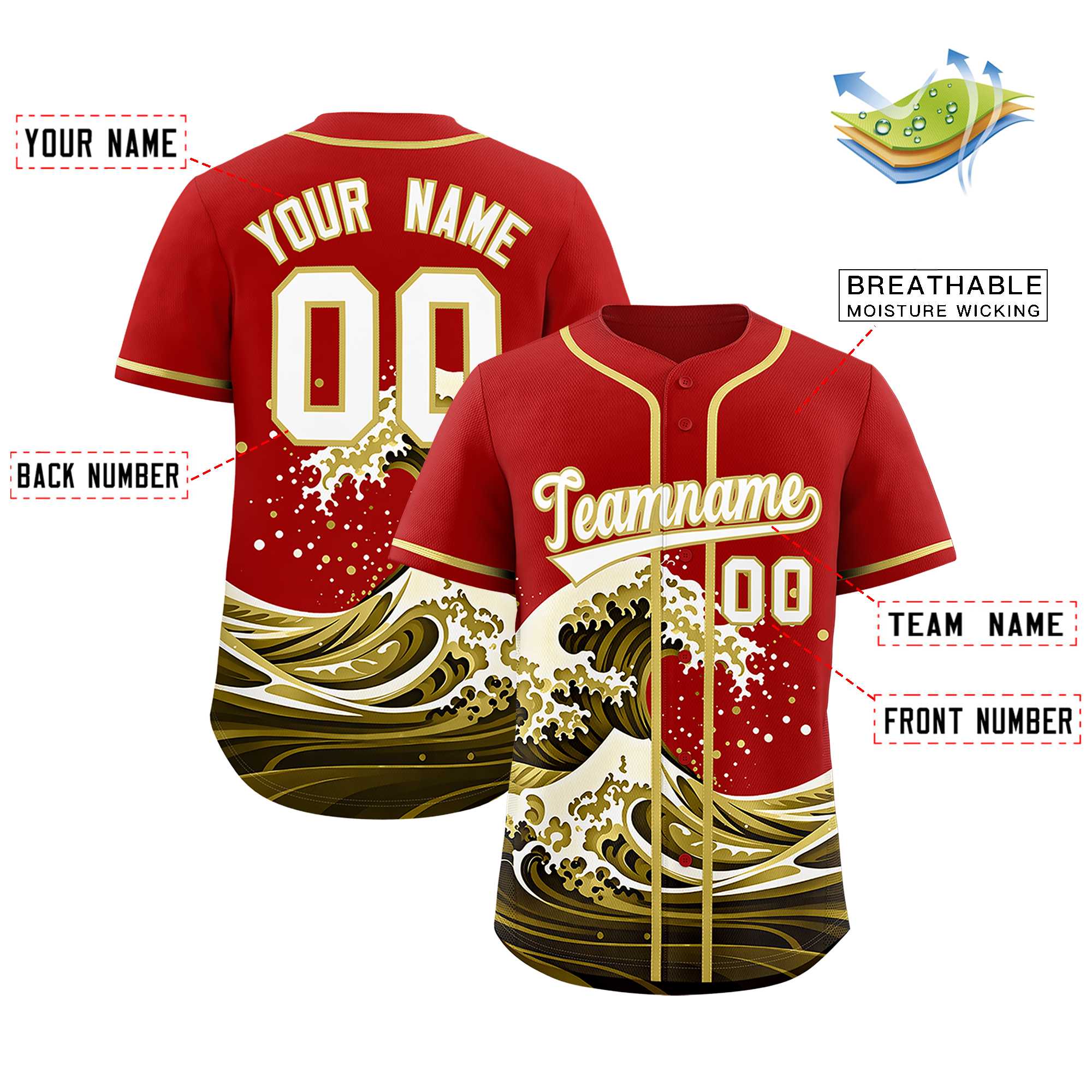 Custom Red Wave Graffiti Pattern Authentic Baseball Jersey