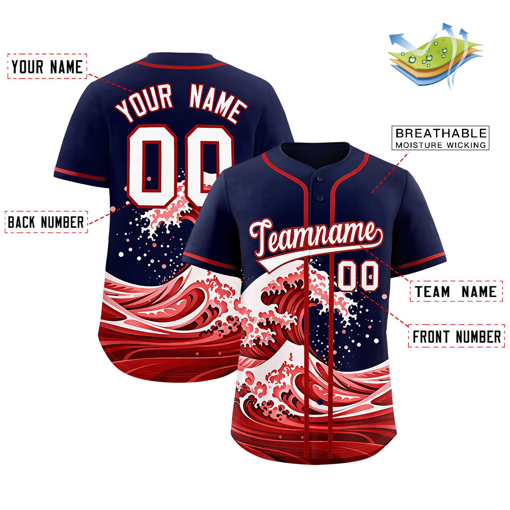 Custom Navy Wave Graffiti Pattern Authentic Baseball Jersey