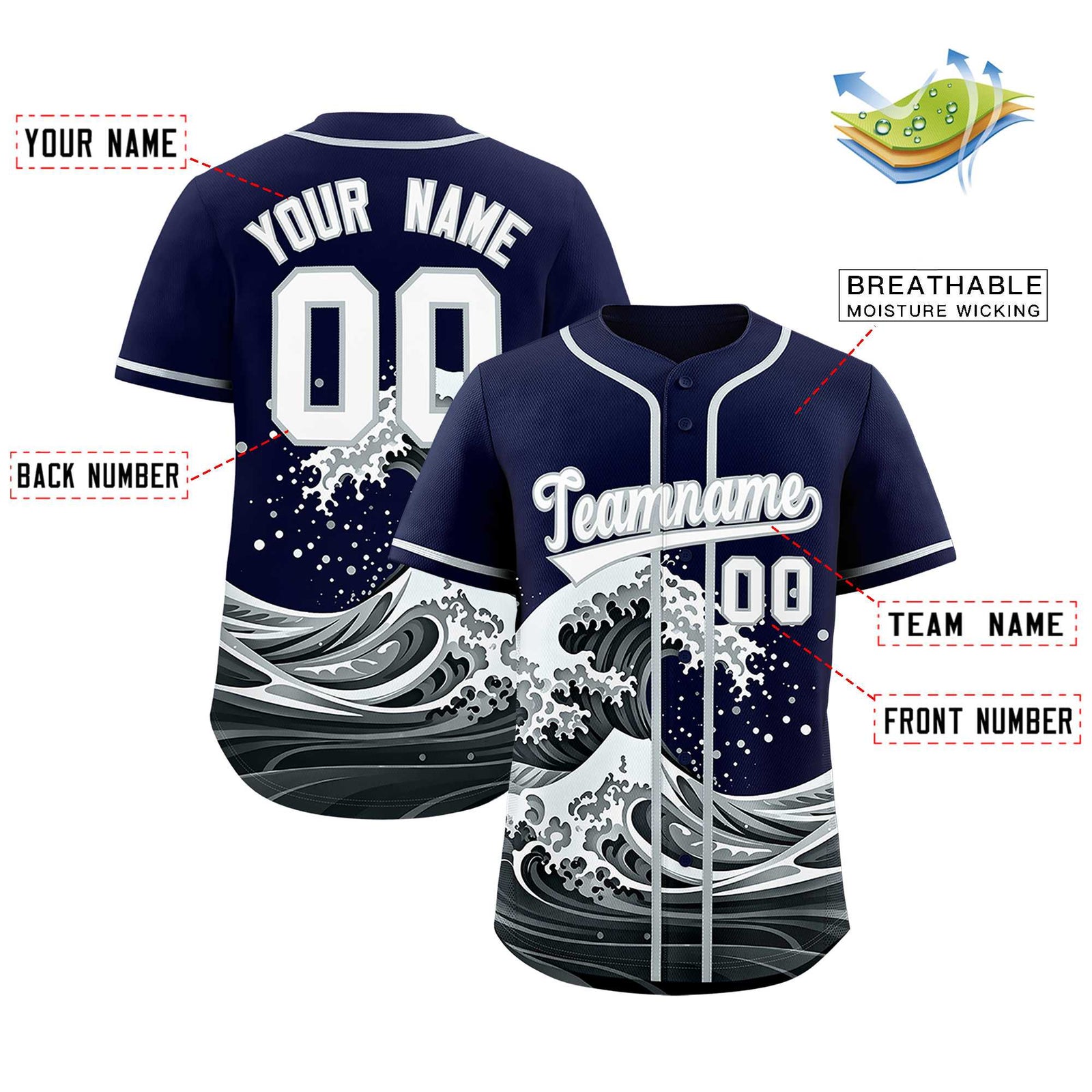 Custom Navy Wave Graffiti Pattern Authentic Baseball Jersey