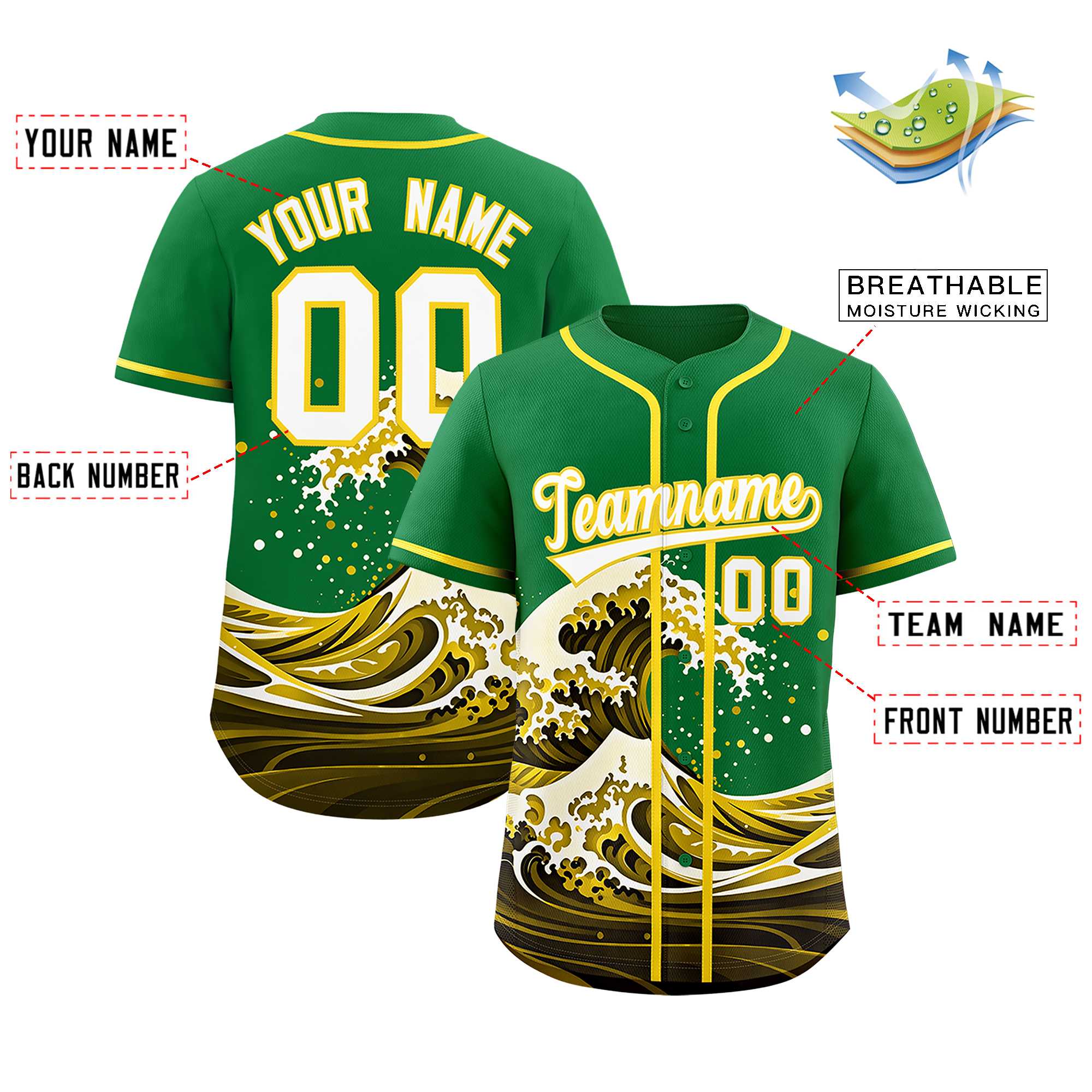 Custom Kelly Green Wave Graffiti Pattern Authentic Baseball Jersey