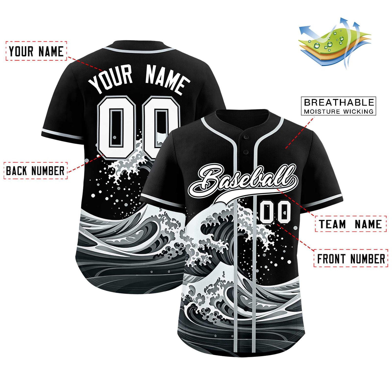 Custom Black Wave Graffiti Pattern Authentic Baseball Jersey