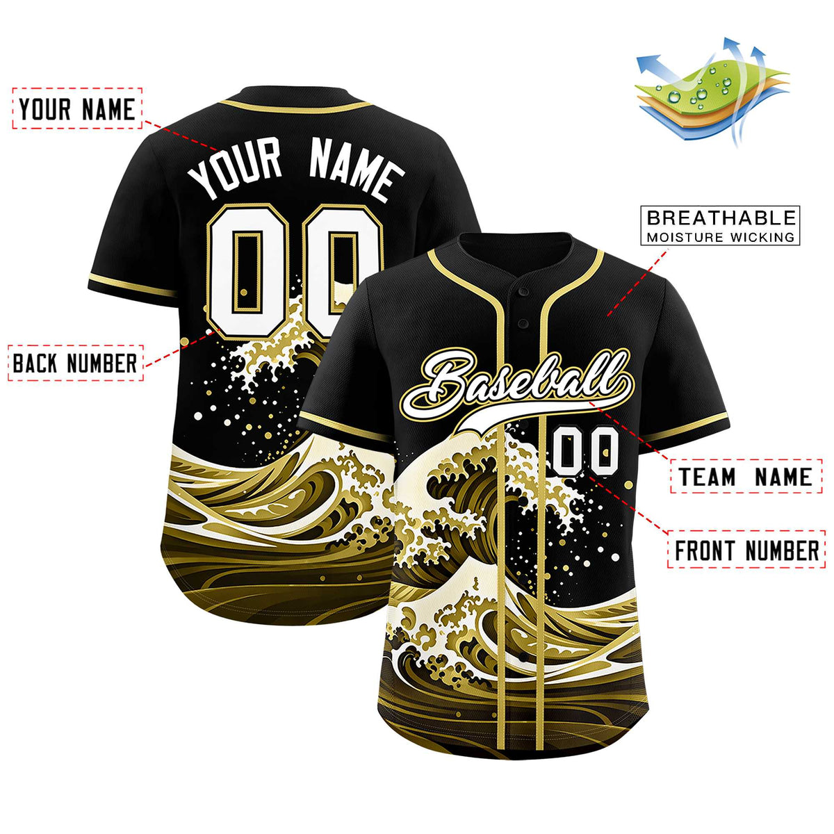 Custom Black Wave Graffiti Pattern Authentic Baseball Jersey