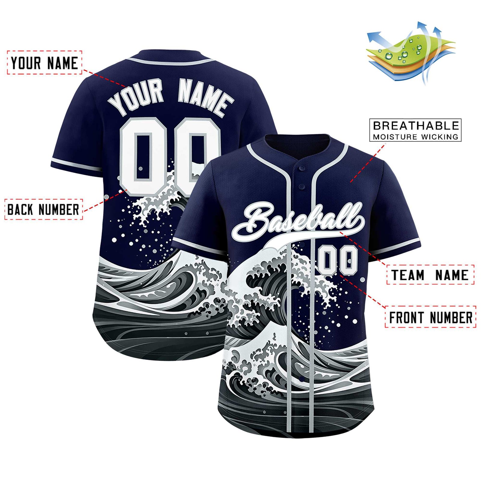 Custom Navy Wave Graffiti Pattern Authentic Baseball Jersey
