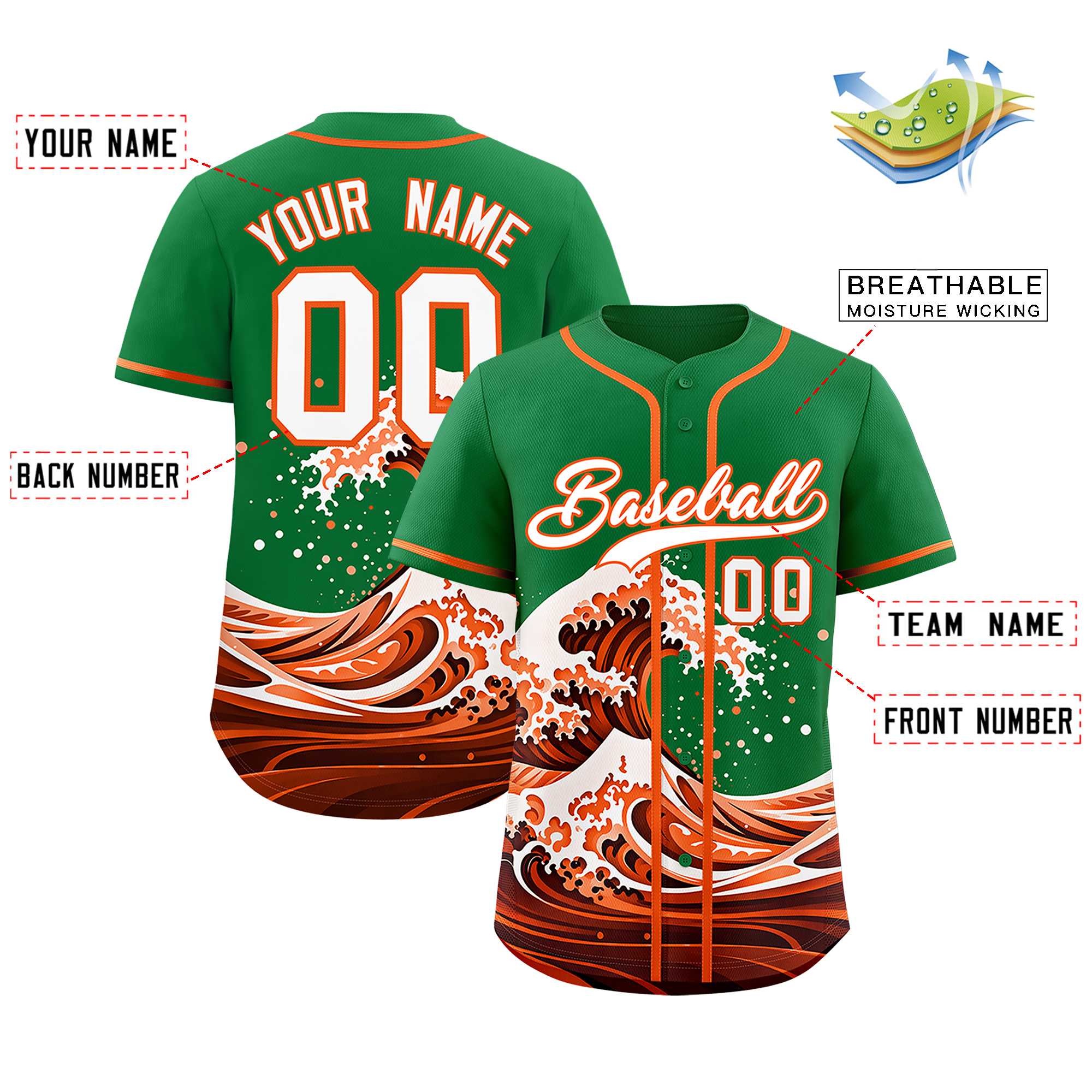 Custom Kelly Green Wave Graffiti Pattern Authentic Baseball Jersey
