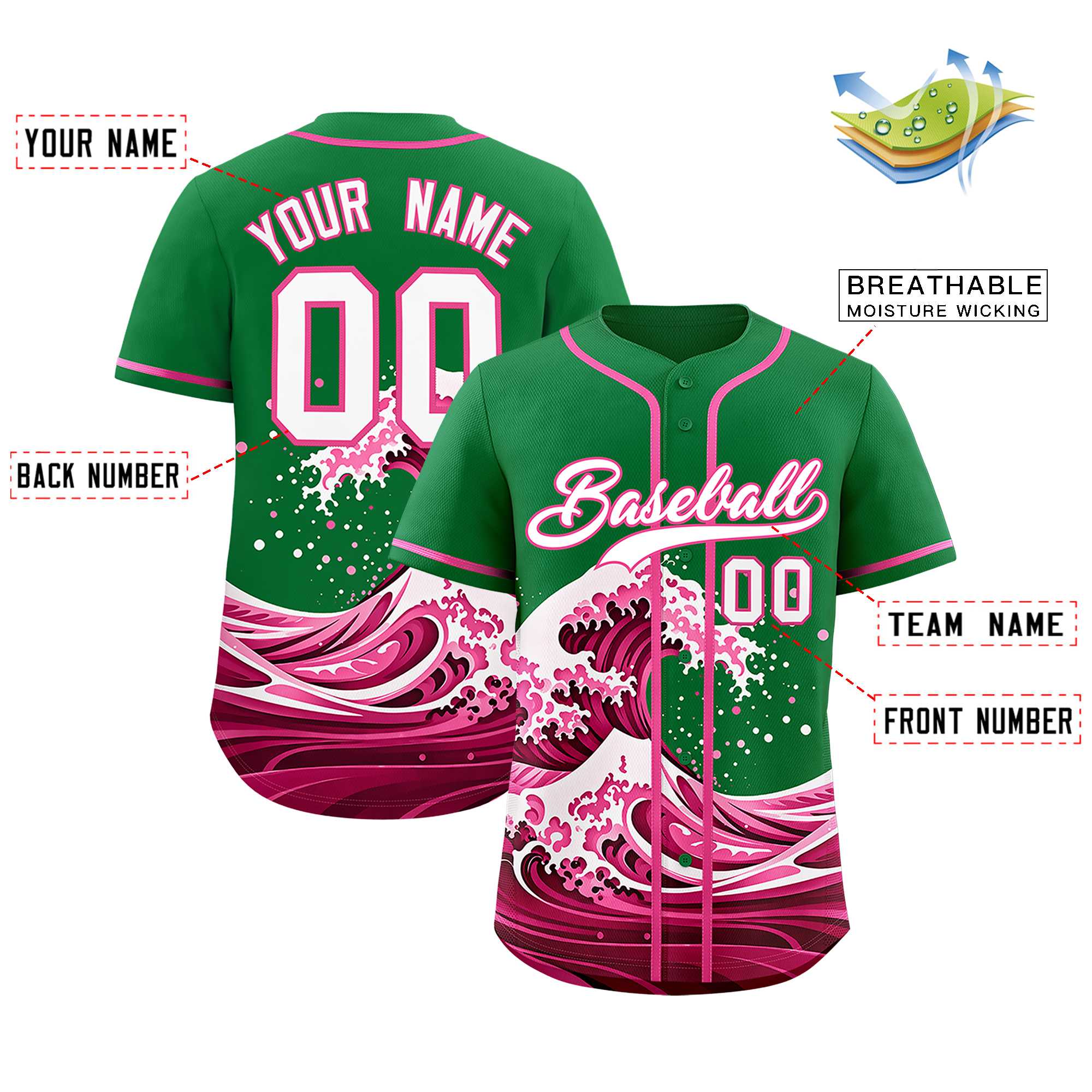 Custom Kelly Green Wave Graffiti Pattern Authentic Baseball Jersey