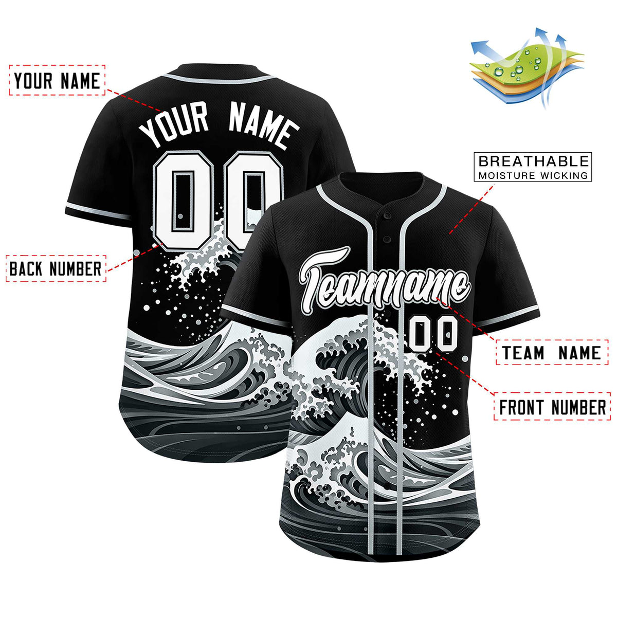 Custom Black Wave Graffiti Pattern Authentic Baseball Jersey
