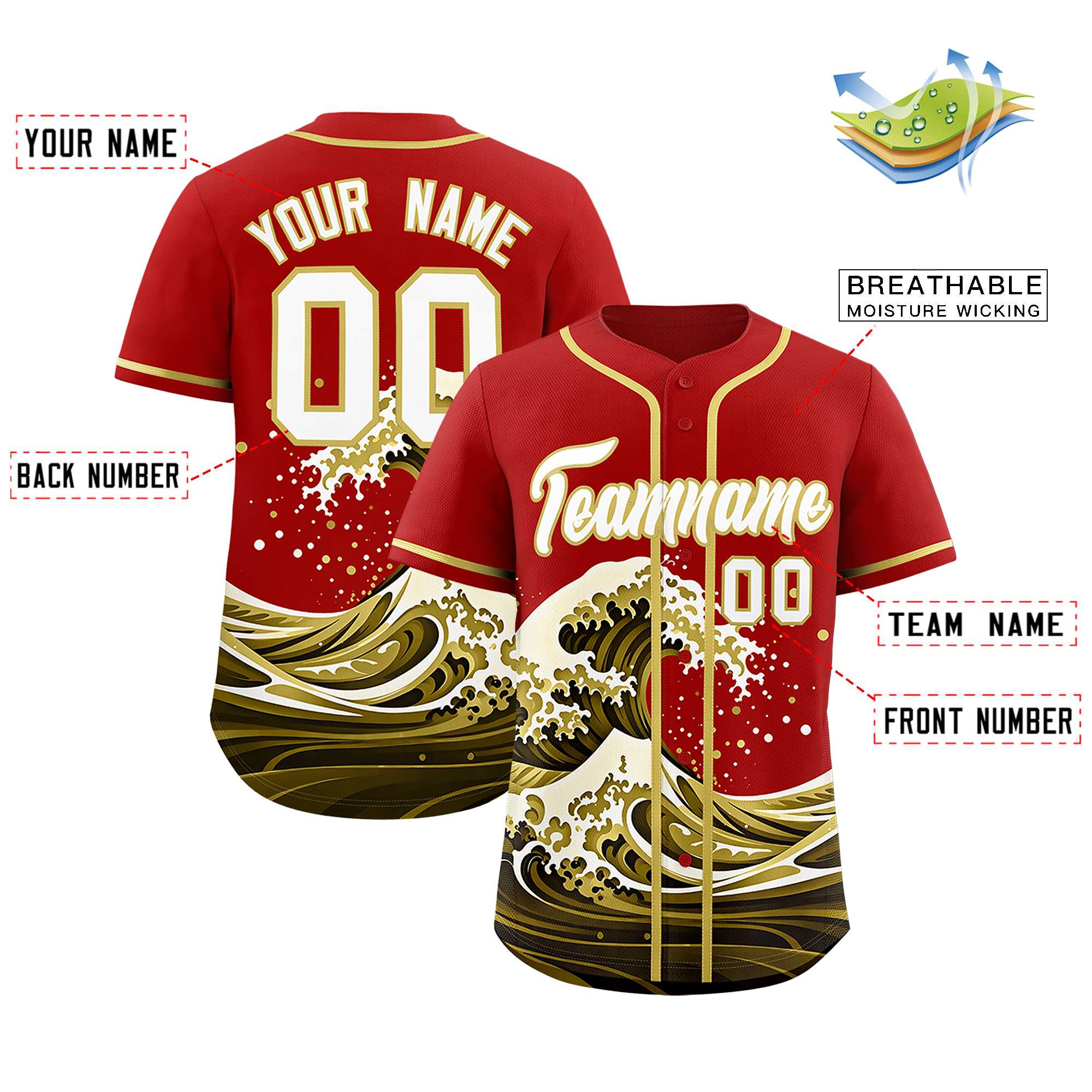 Custom Red Wave Graffiti Pattern Authentic Baseball Jersey